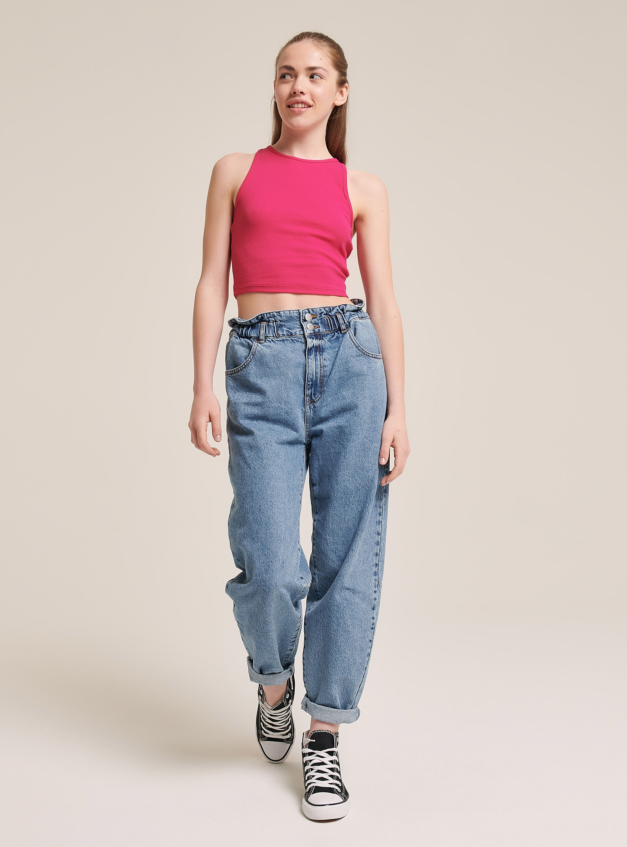 Elastic ribbed crop top in cotton, FUXIA
