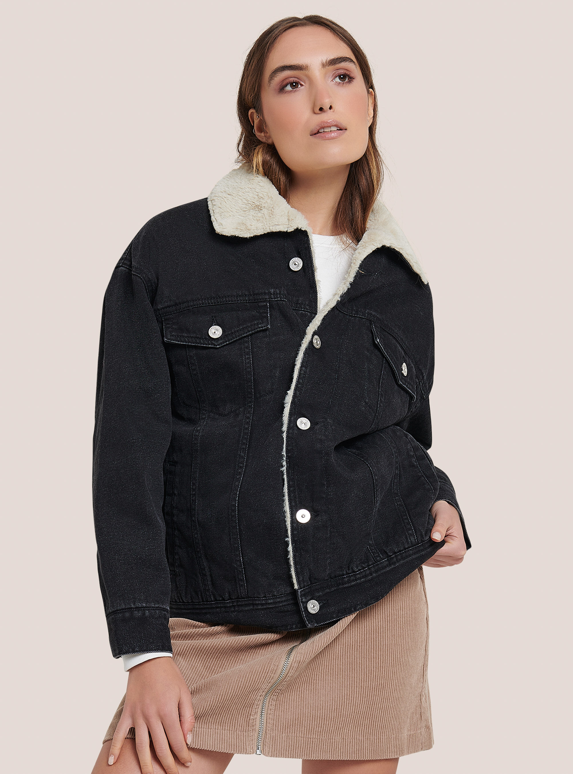 Black denim jacket with faux fur hot sale
