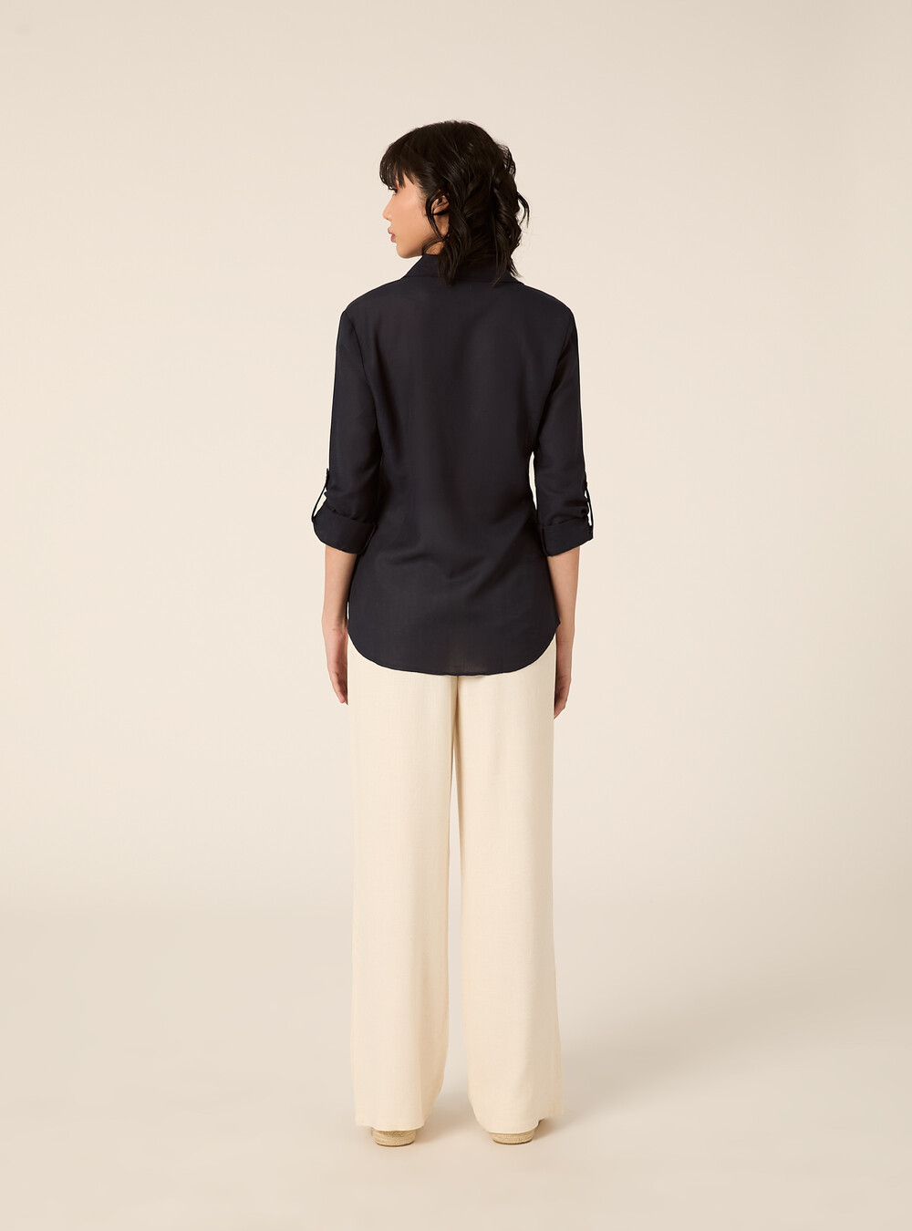Linen-blend shirt with a V-neck, NA1 NAVY DARK