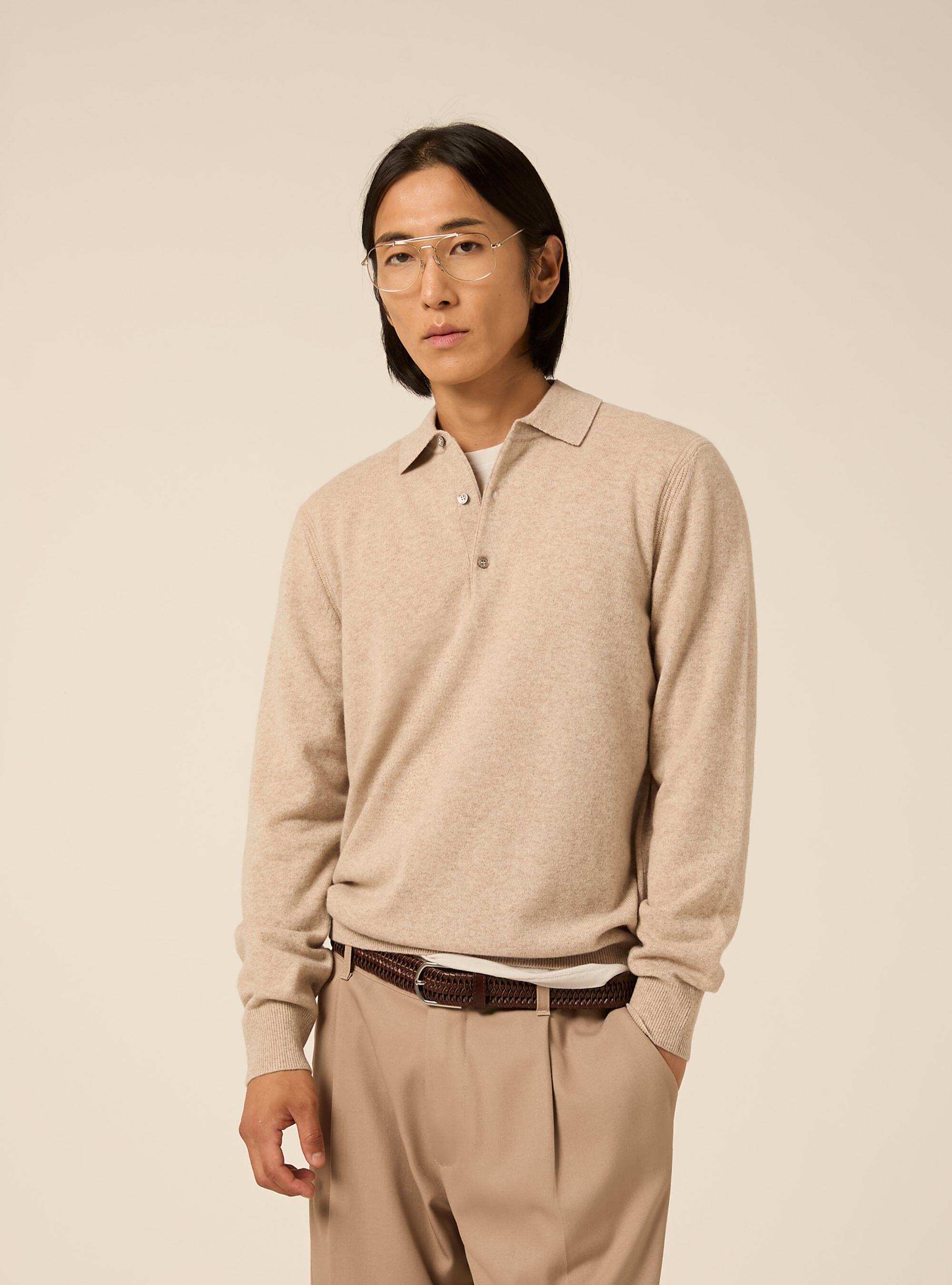 Long sleeve wool and cashmere blend knit polo shirt