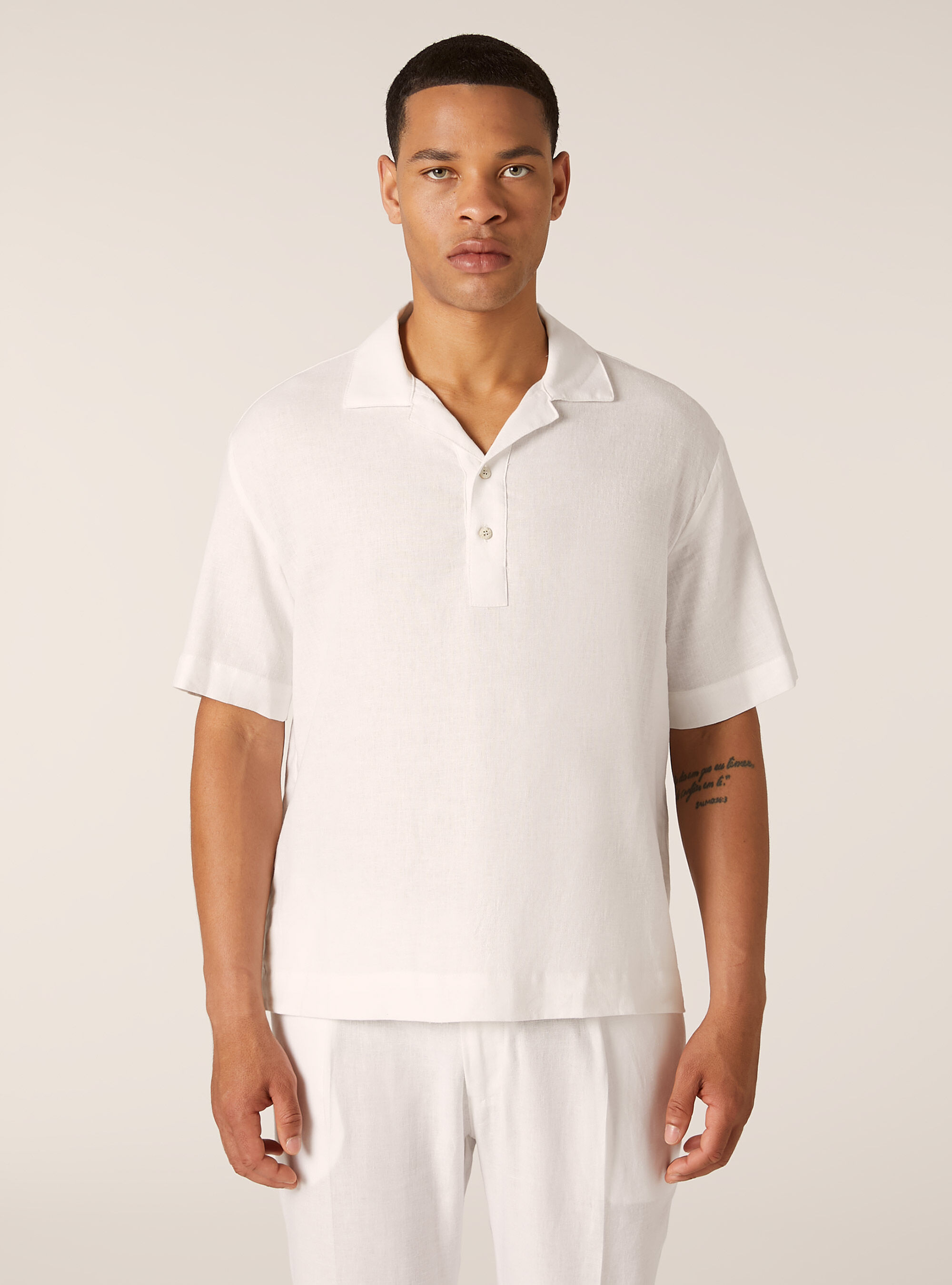 Camicia in misto lino a maniche corte, WH1 OFF WHITE