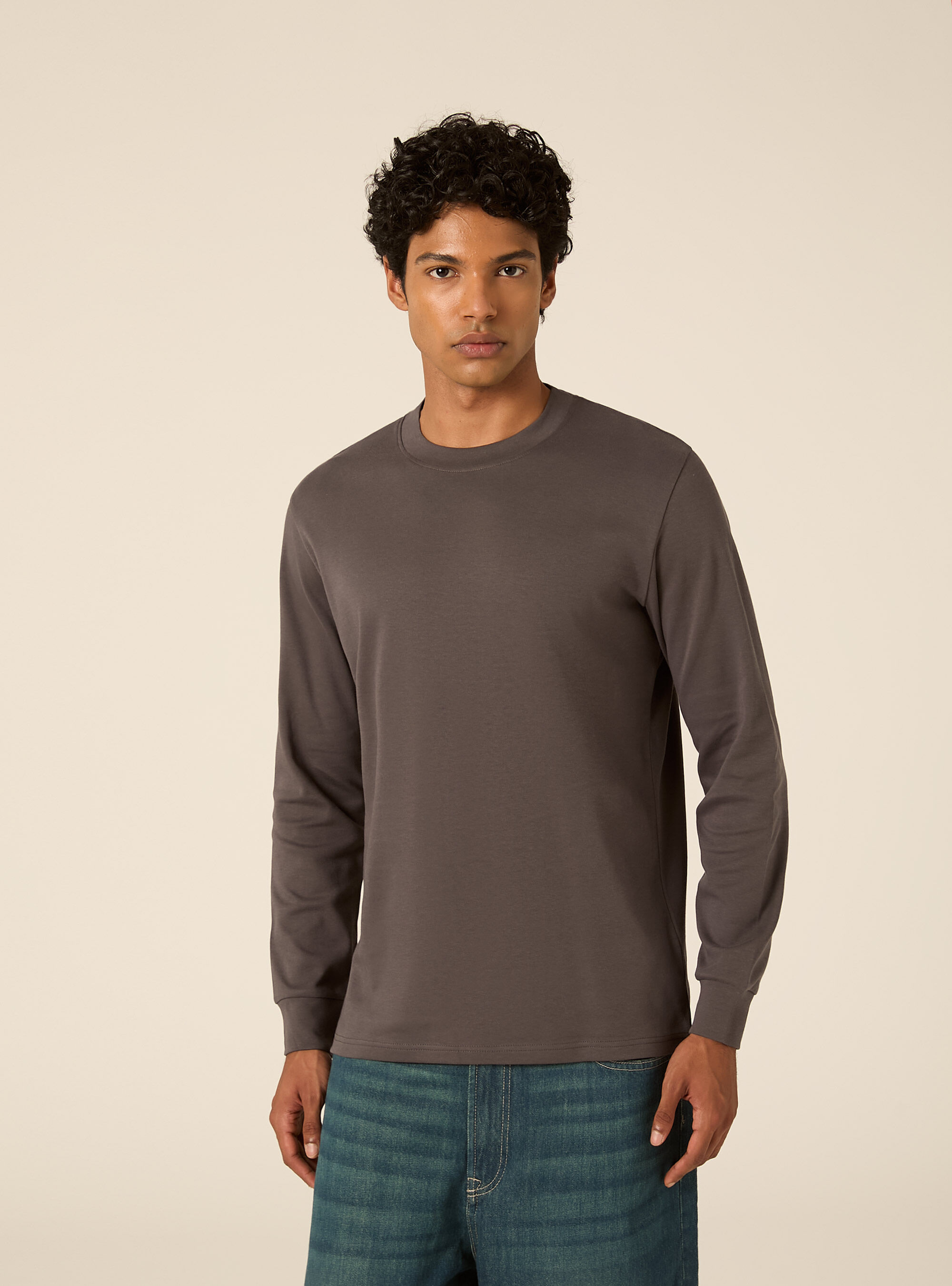 Maglia girocollo maniche lunghe interlock, GRIGIO SCURO