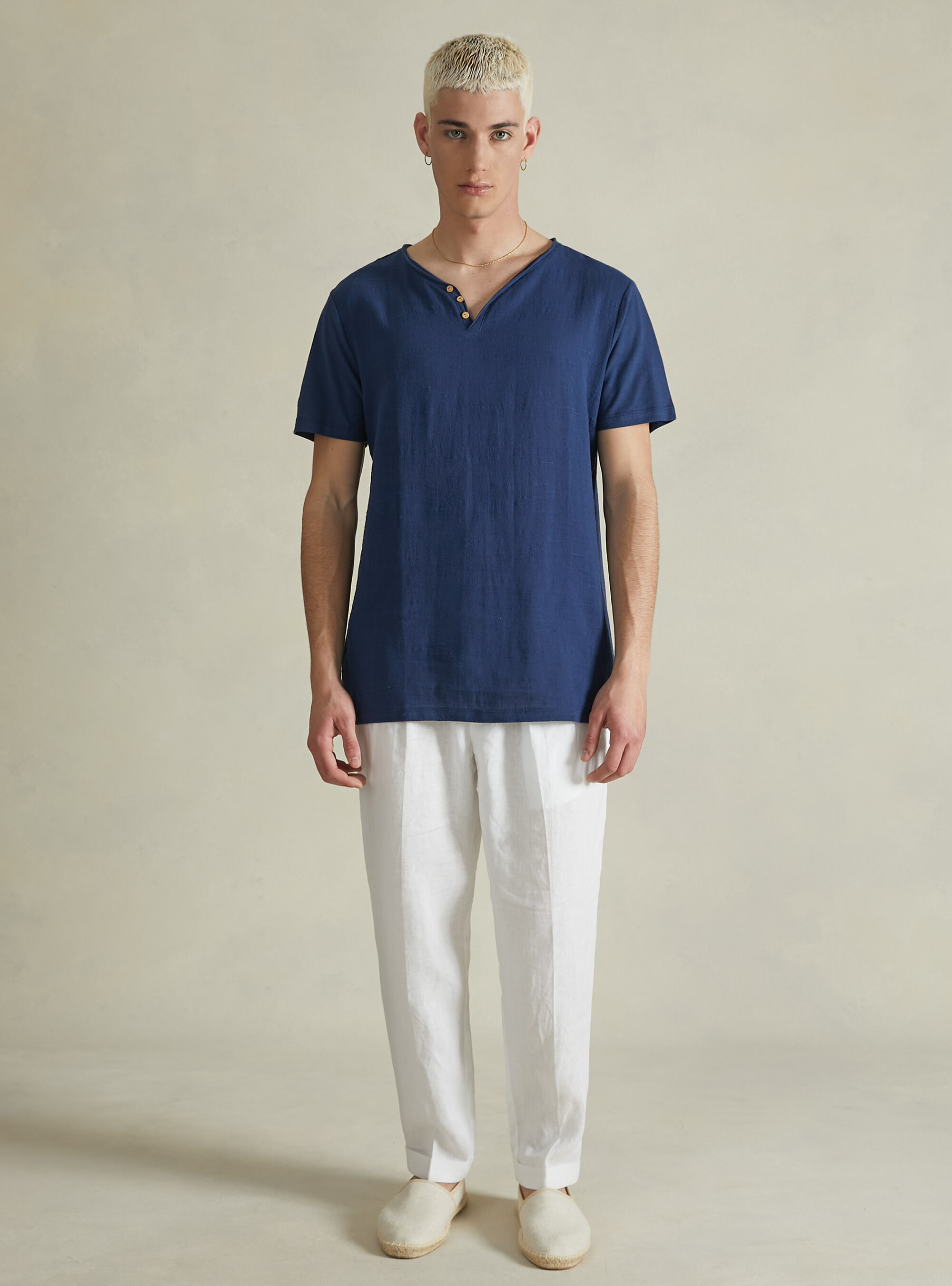 Linen blend V-neck T-shirt, NA2 NAVY MEDIUM