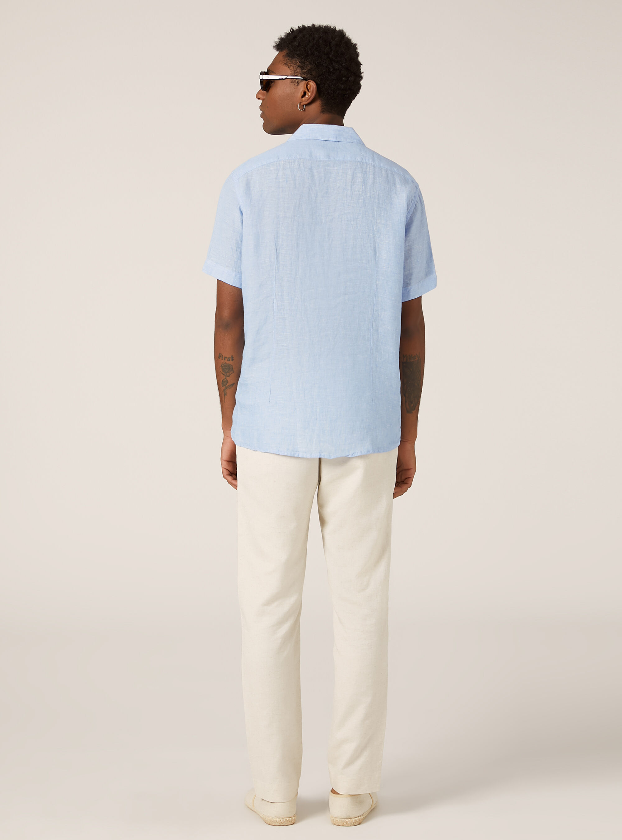 Camisa de manga corta de puro lino, CELESTE