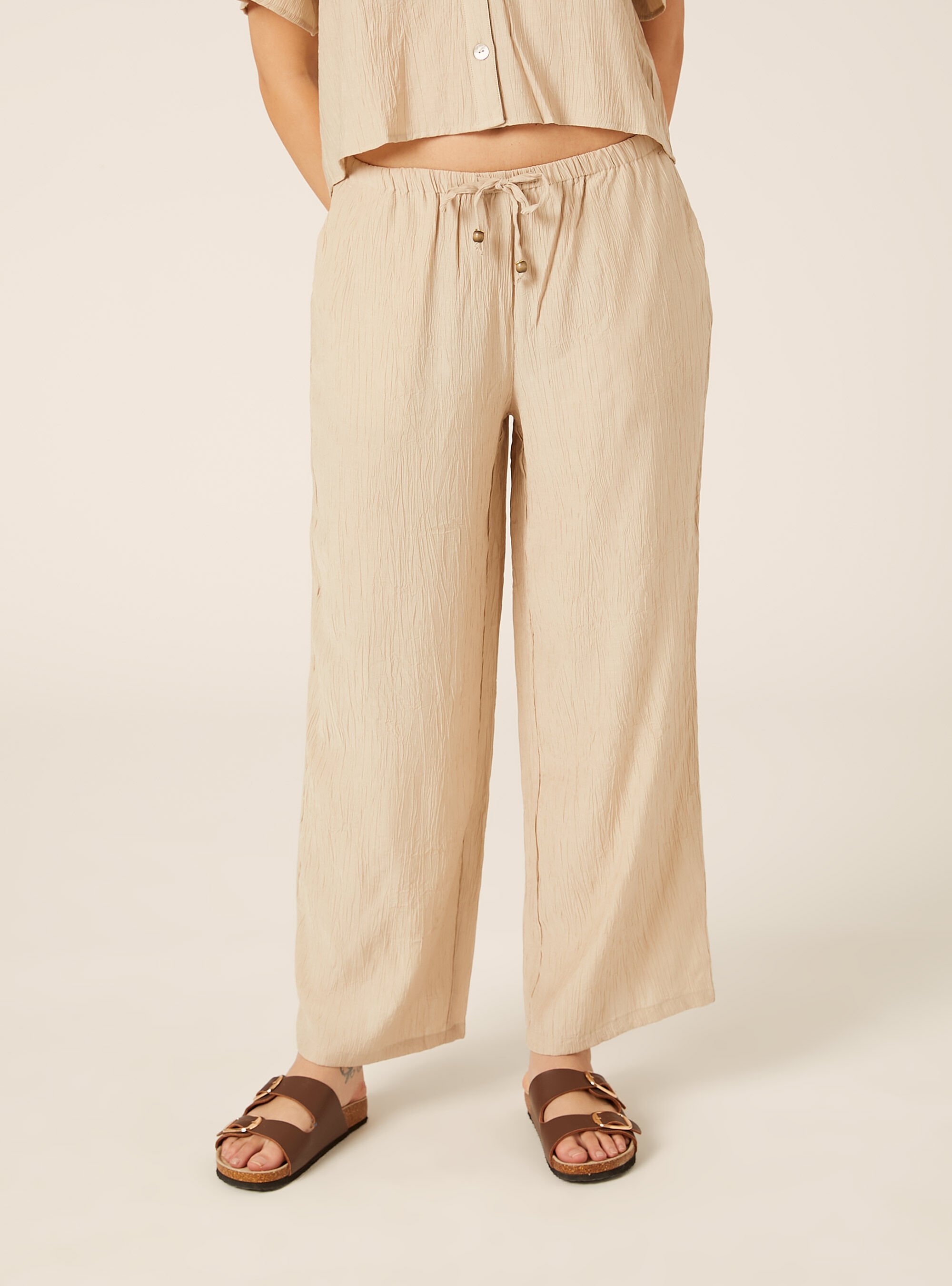Pantaloni ampi con vita elasticizzata in crepe, BEIGE MEDIO