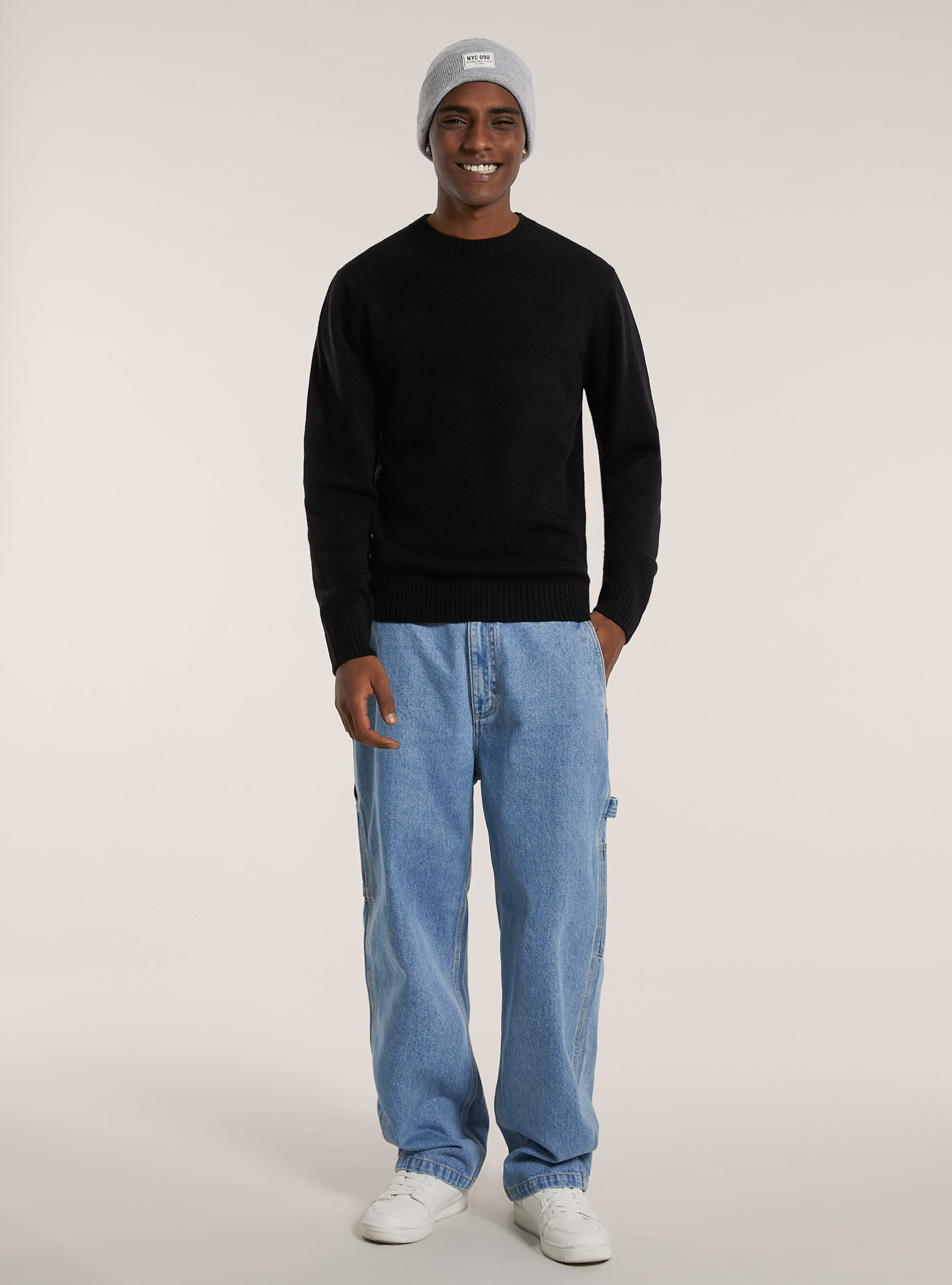 Cashmere-like crew neck pullover, BK1 BLACK