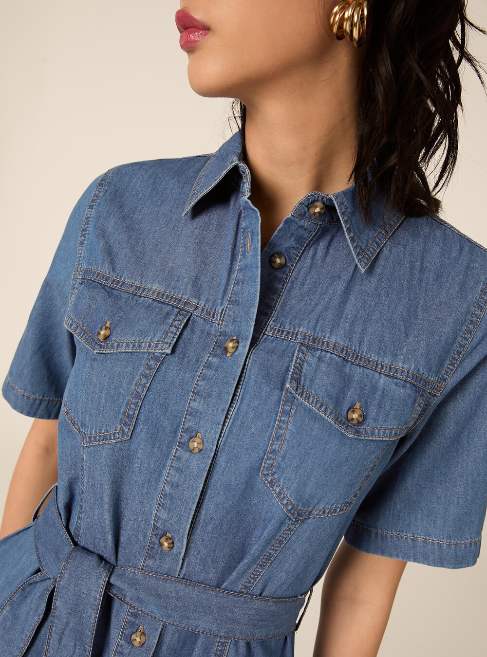 dark blue denim shirt dress Tencel Denim Shirt Midi Collared Dress With Belt, Dark Denim / XS