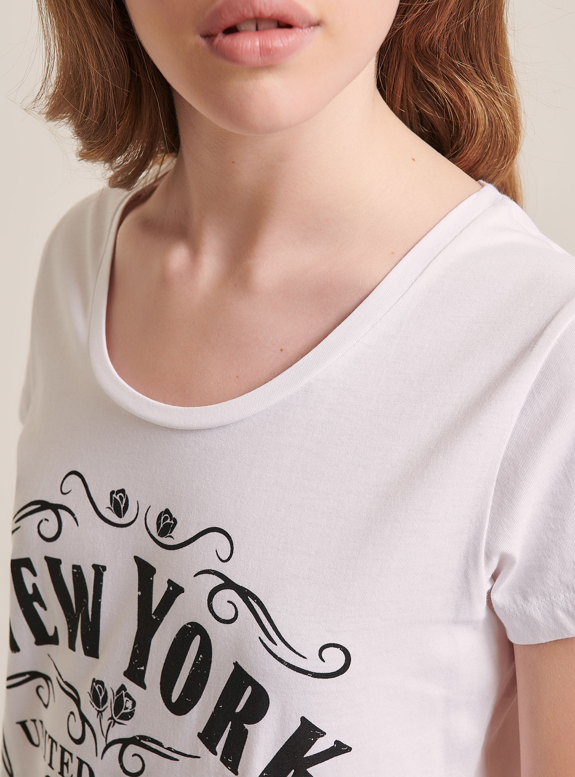 Wide crew neck T-shirt in combed cotton, WHITE