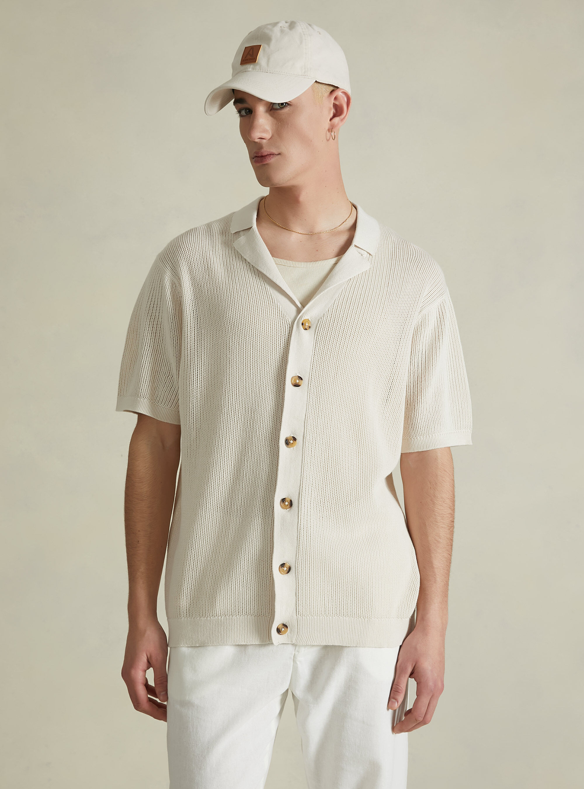 Jersey de punto perforado con cuello de polo, WH2 WHITE