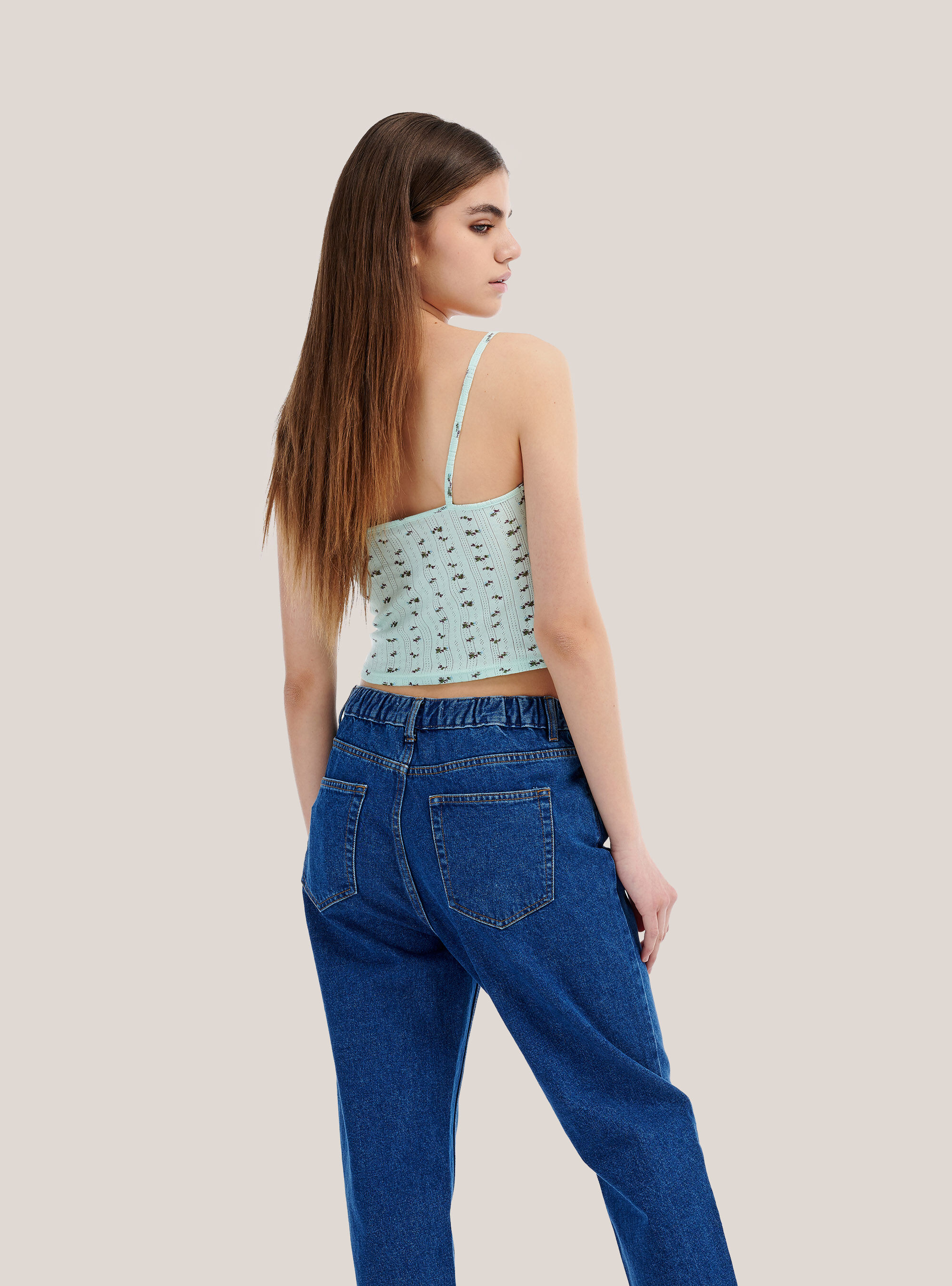 Cropped top a costina con stampa a fiori, C6692 MINT