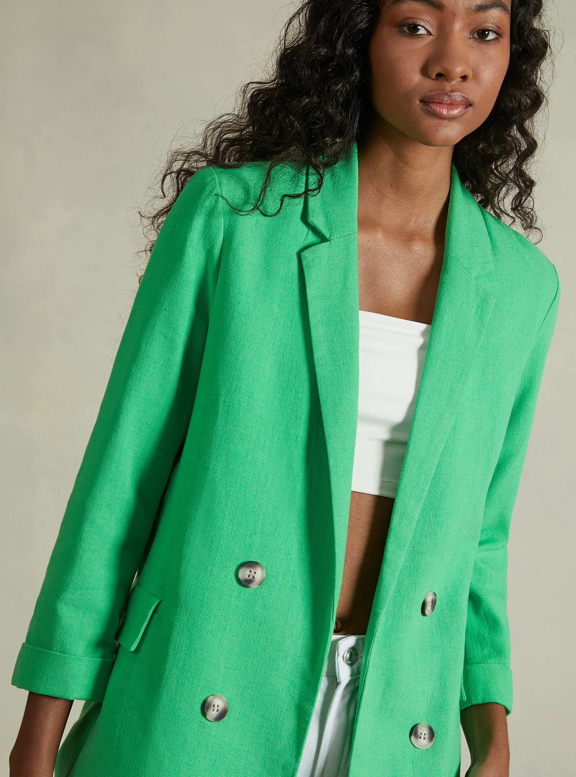 Blazer doppiopetto in misto lino, GN3 GREEN LIGHT