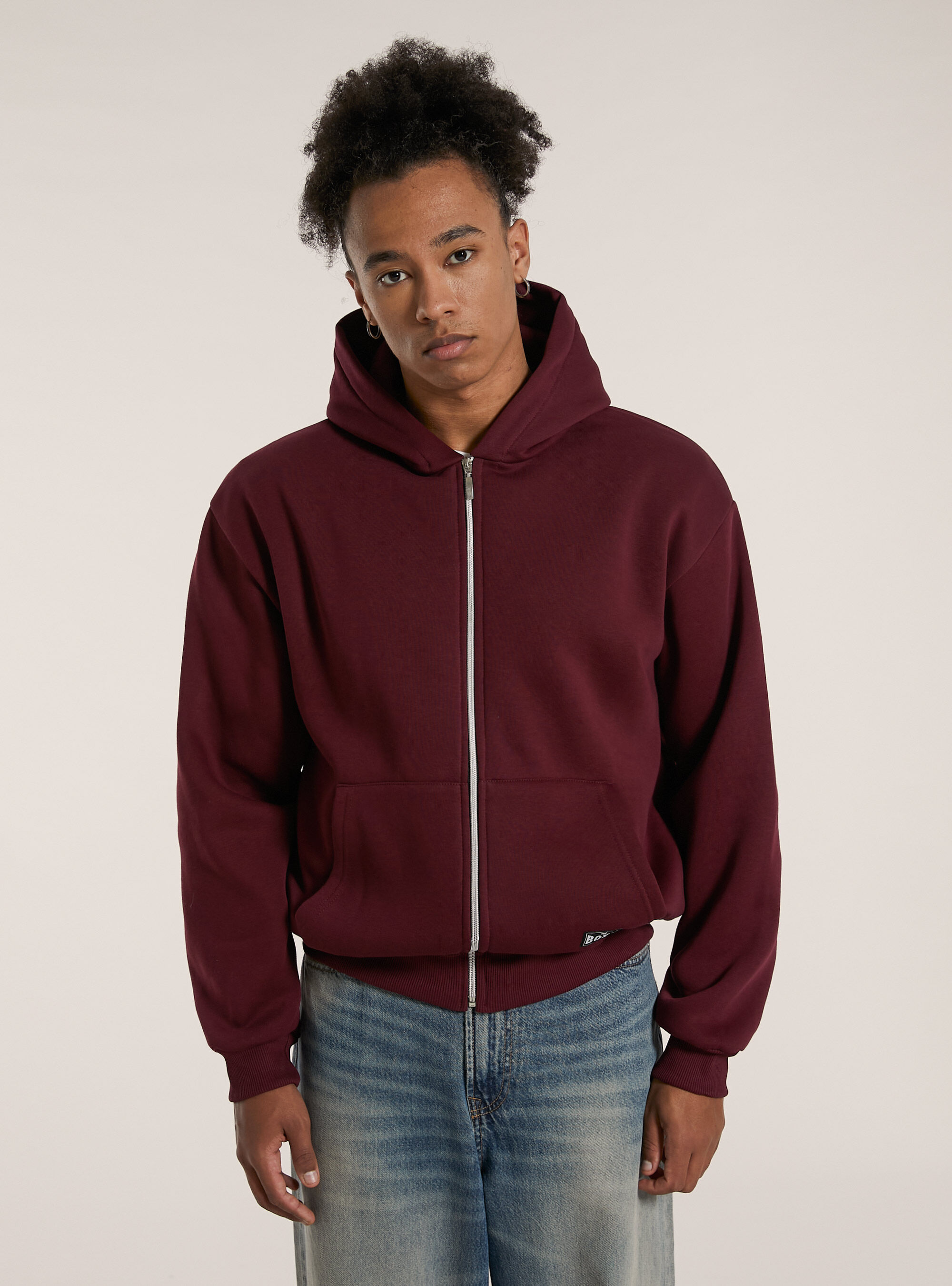 Sweatshirt with zip and boxy fit hood, BO1 BORDEAUX DARK