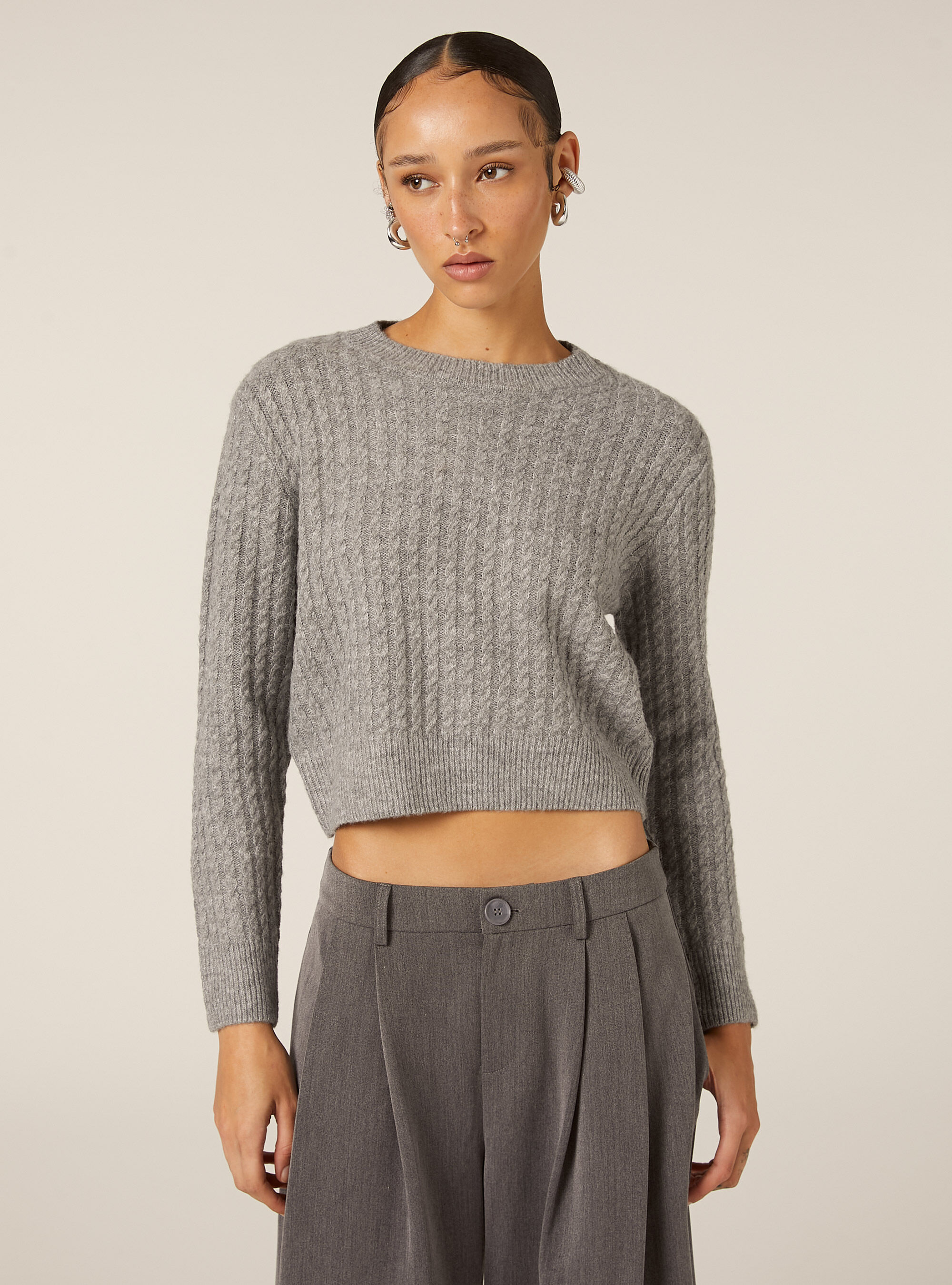 Cropped cable knit pullover, MGY2 GREY MEL MEDIUM