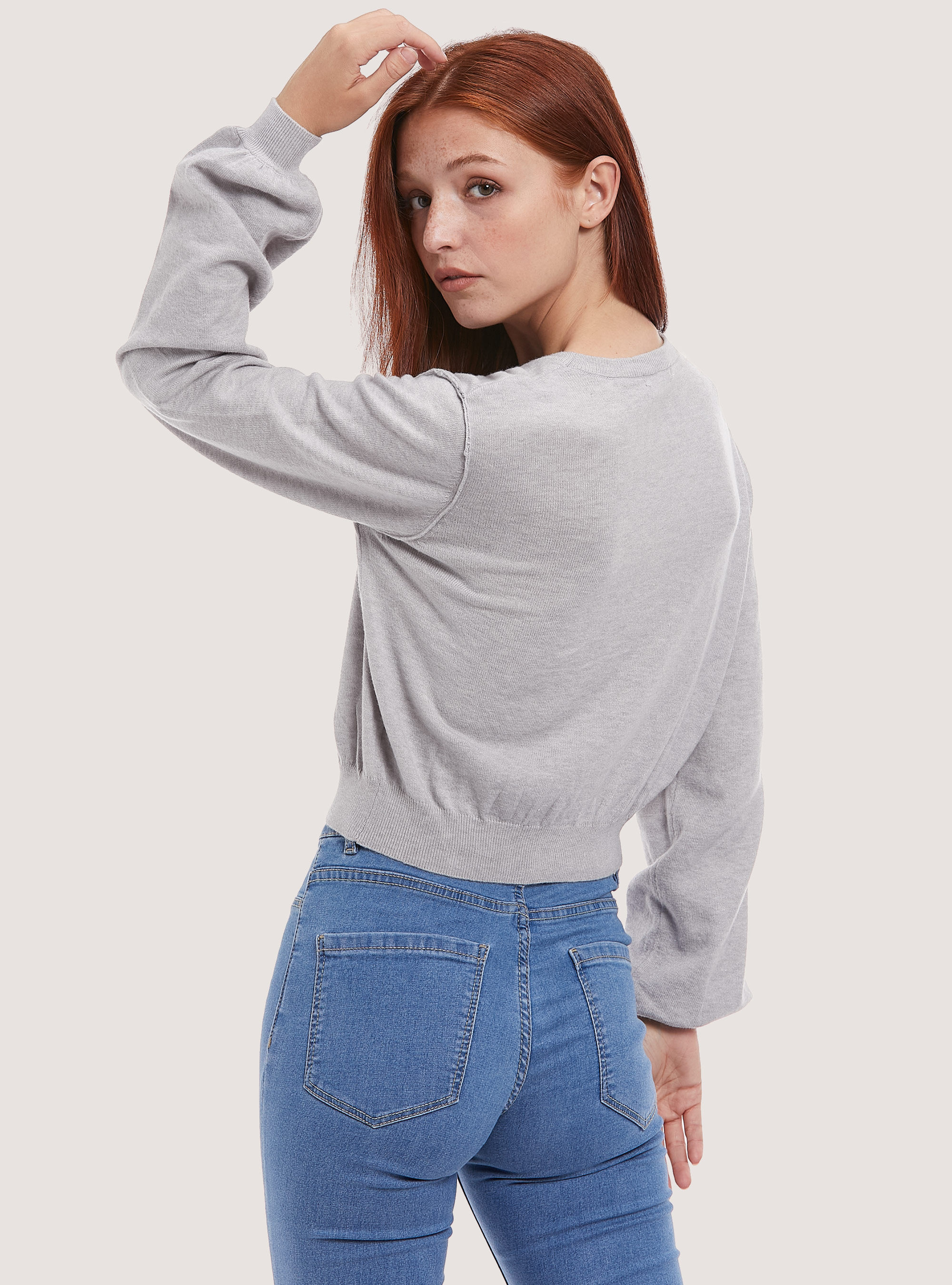 Cropped pullover with puff sleeves, C148 ICE MELANGE