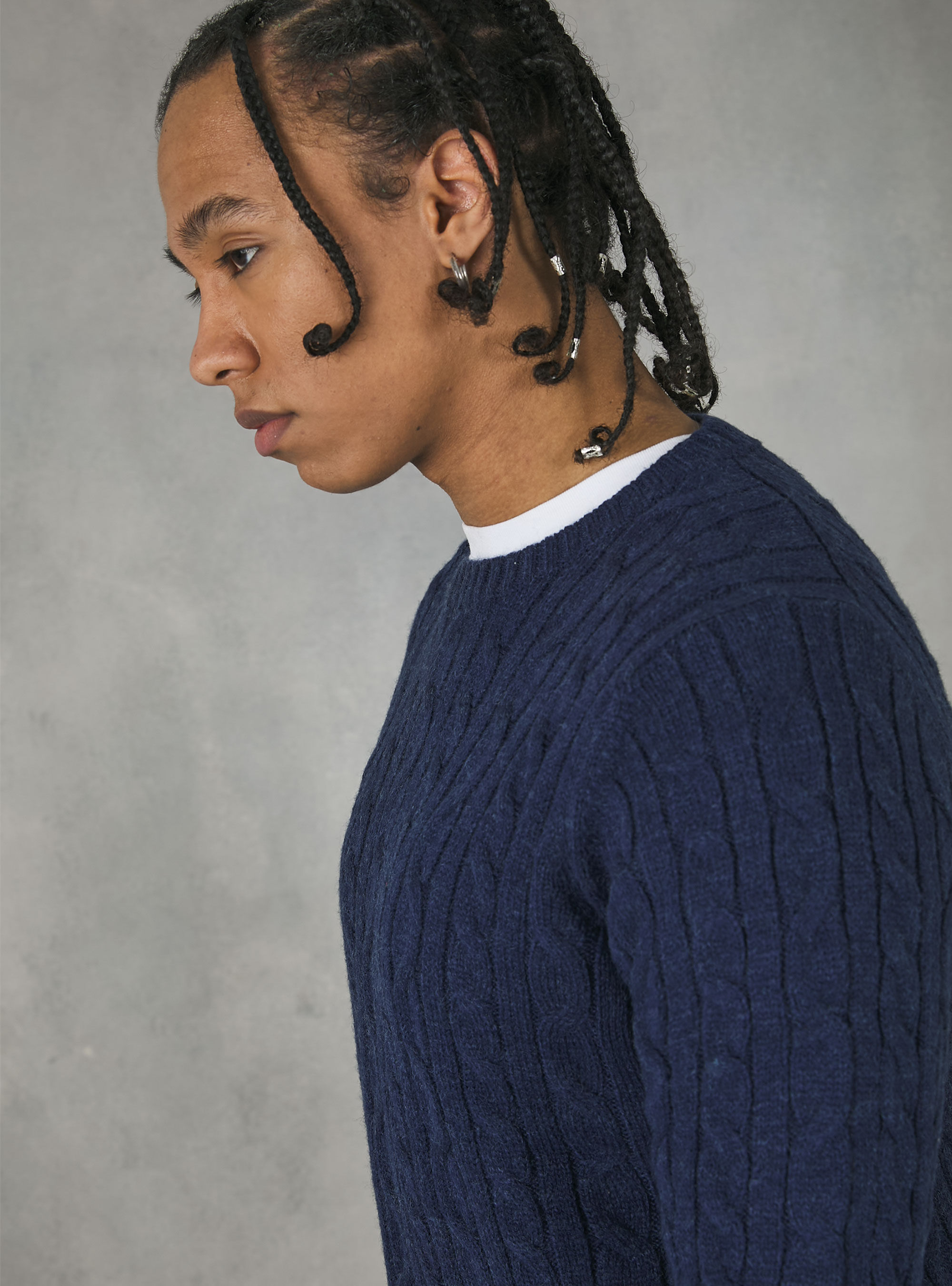 Crew-neck pullover with braids, MNA2 NAVY MEL MED
