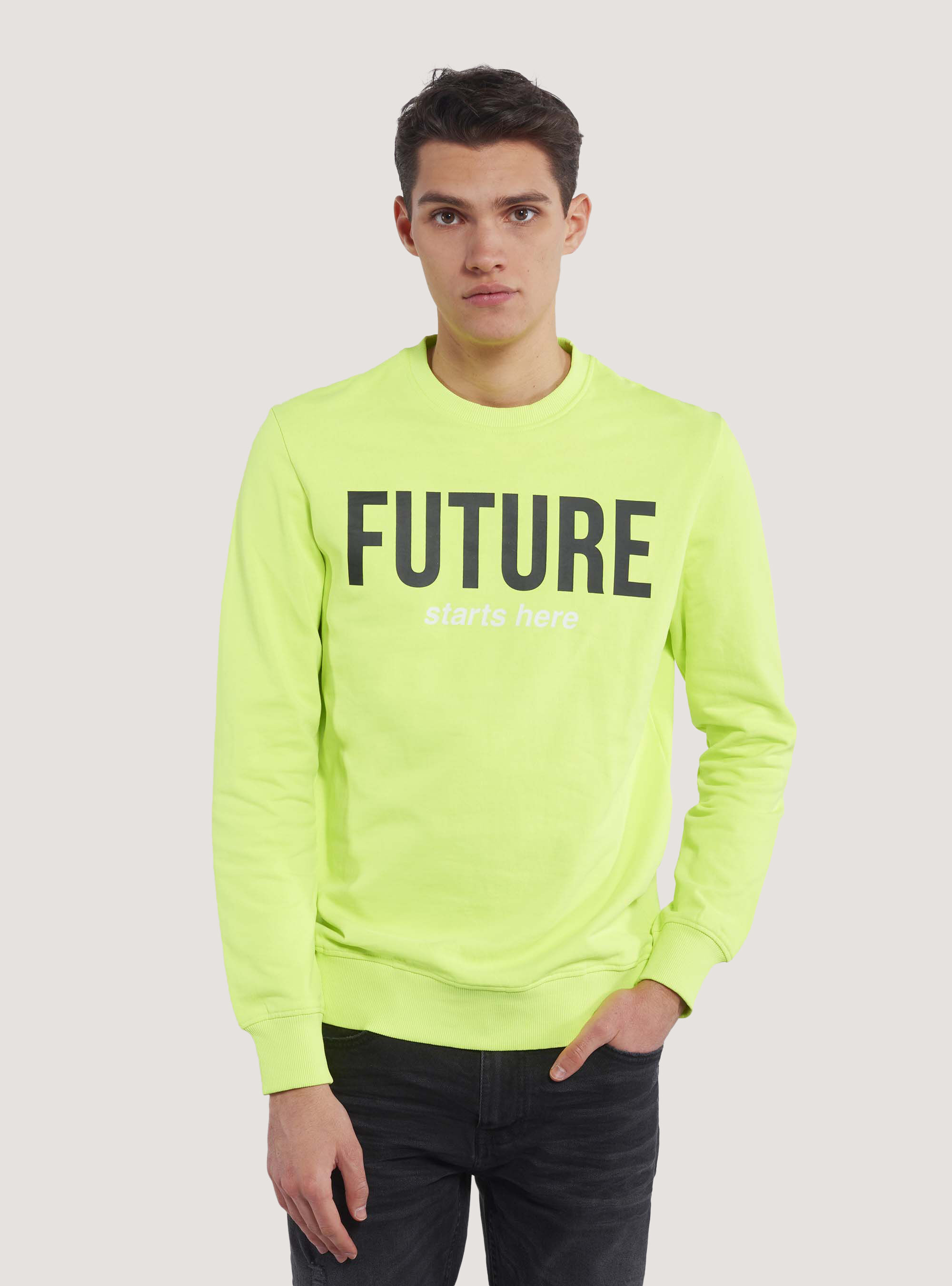 Felpa girocollo fluo con slogan stampato, GIALLO