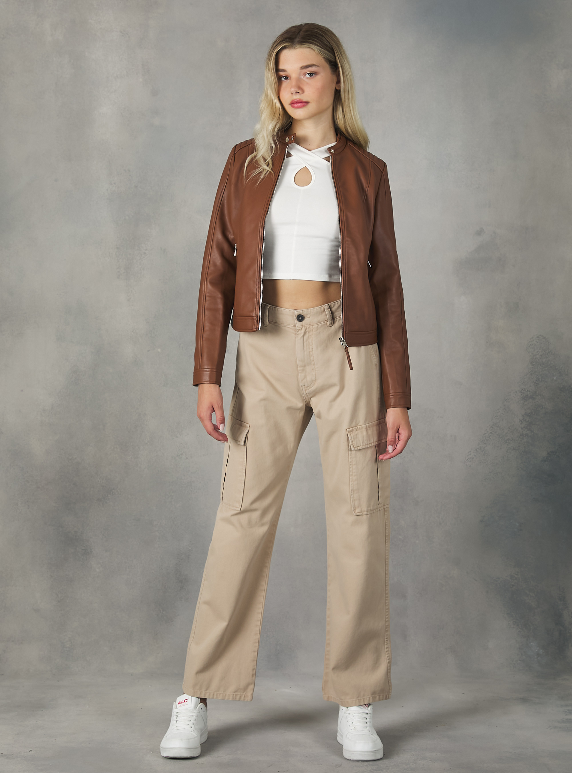 Leather-effect biker jacket, TB3 TOBACCO LIGHT