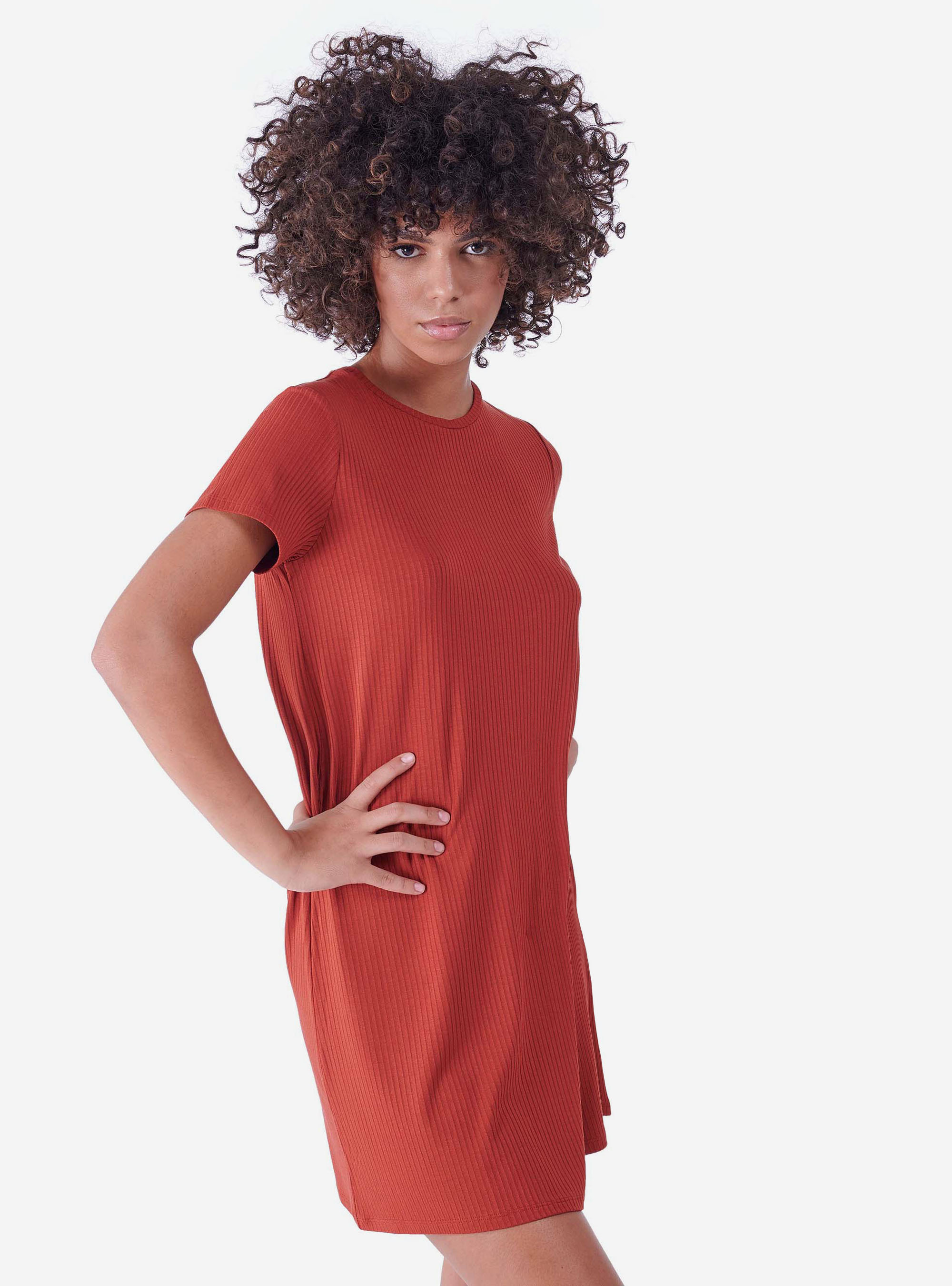 Vestito corto in cotone a costine fit morbido, RUSTY