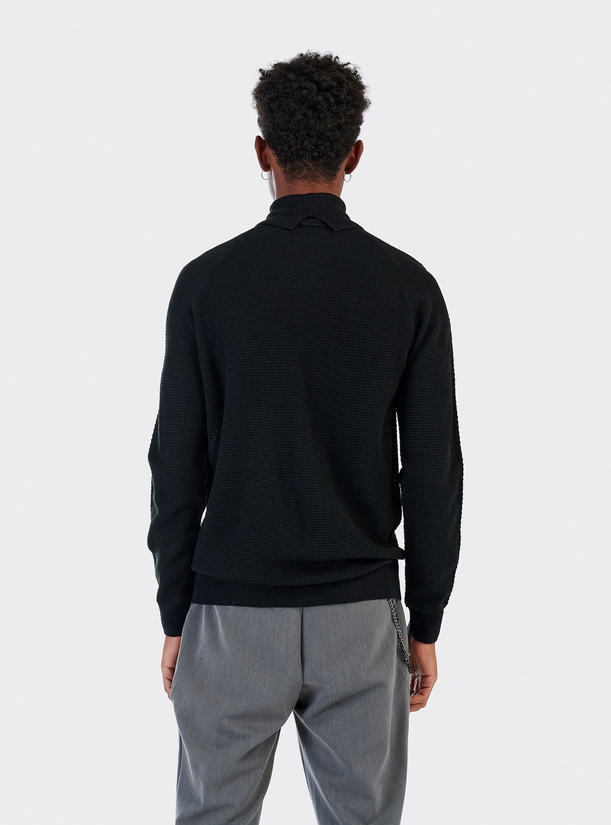 Pull col montant avec point de riz en laine mélangée, C101 BLACK