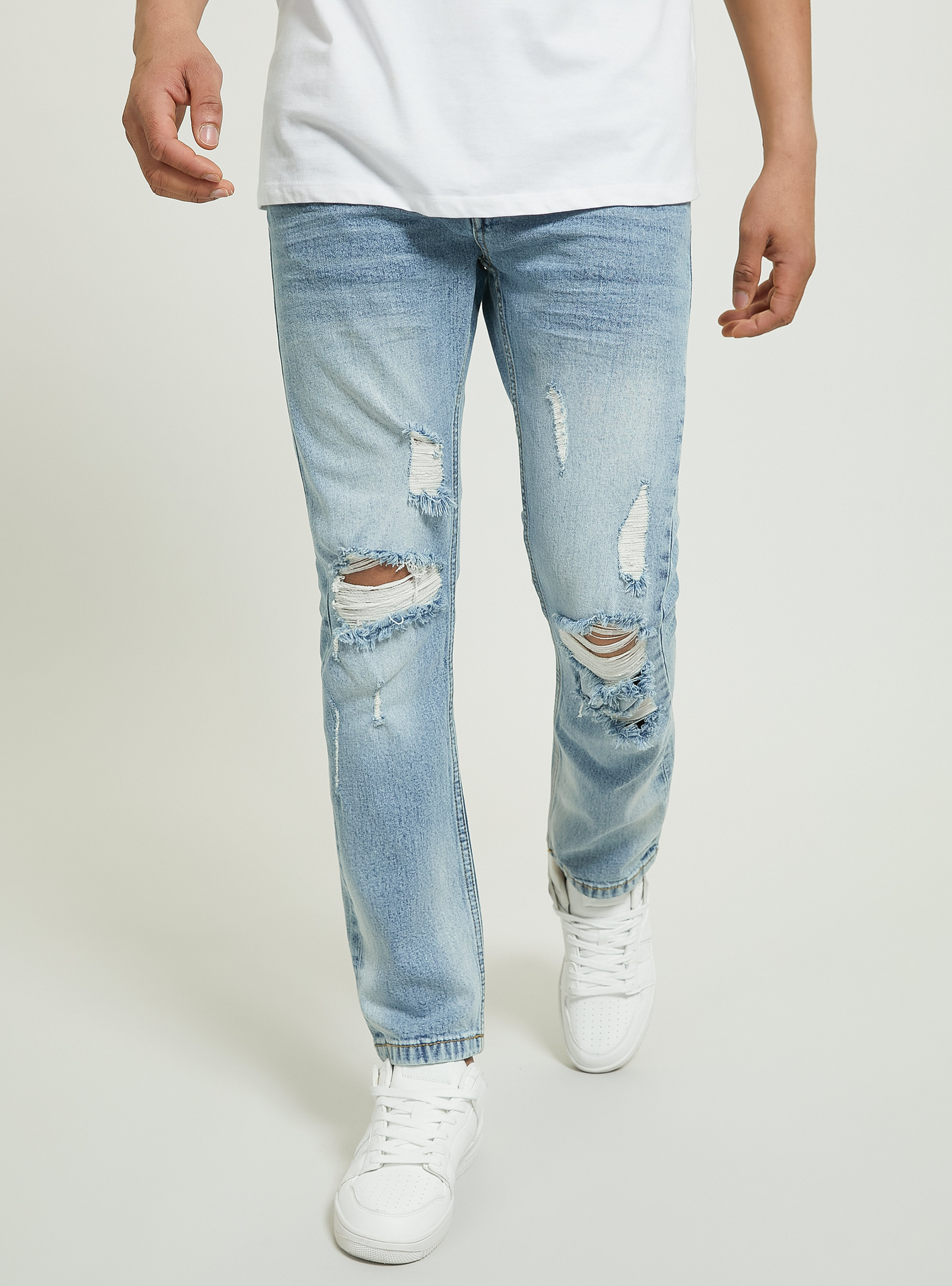 Slim fit stretch denim jeans with rips, D003 MEDIUM BLUE
