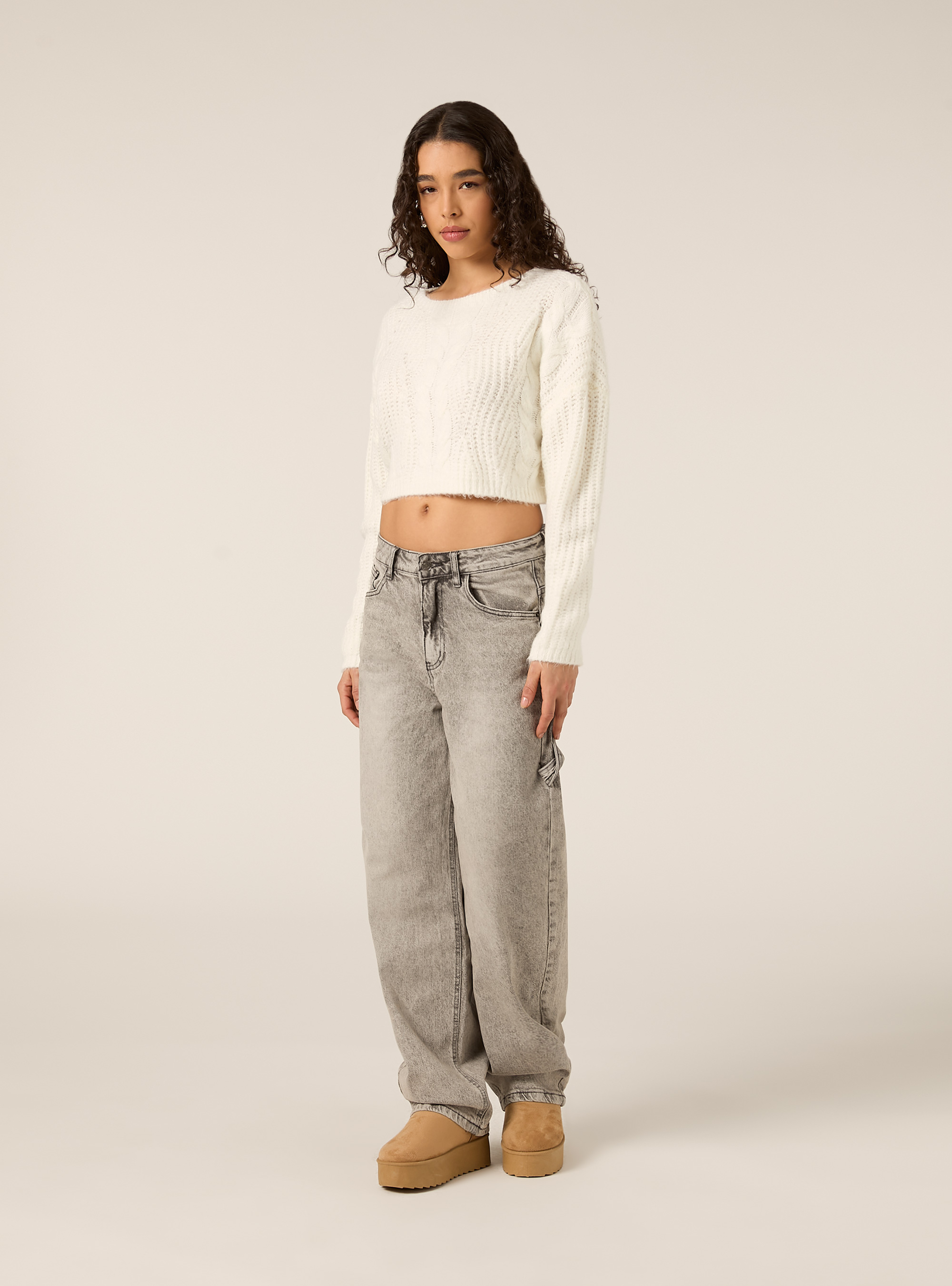 Maglia a trecce scollo a barca, WH2 WHITE