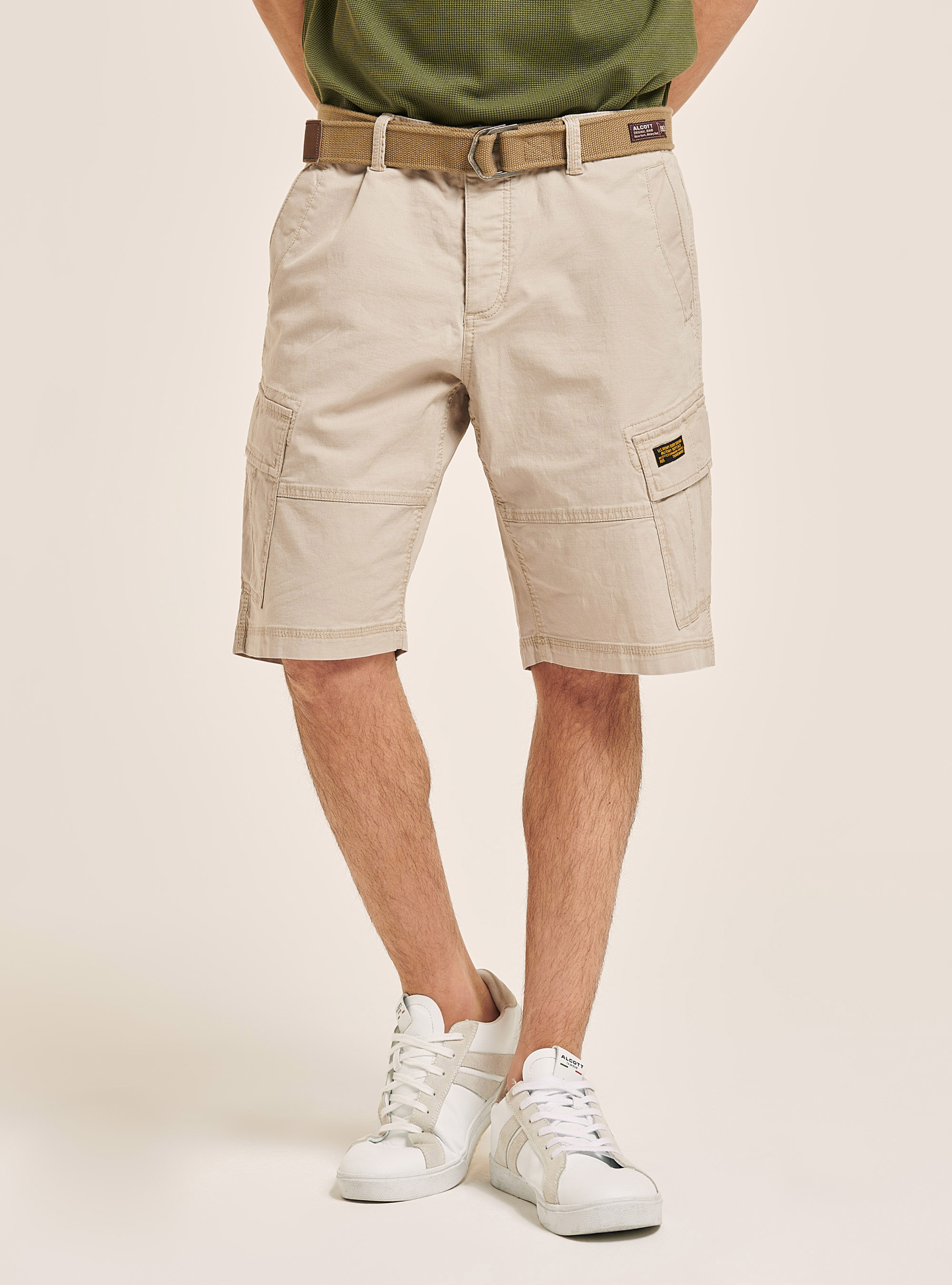 Canvas cargo bermuda with belt, BEIGE