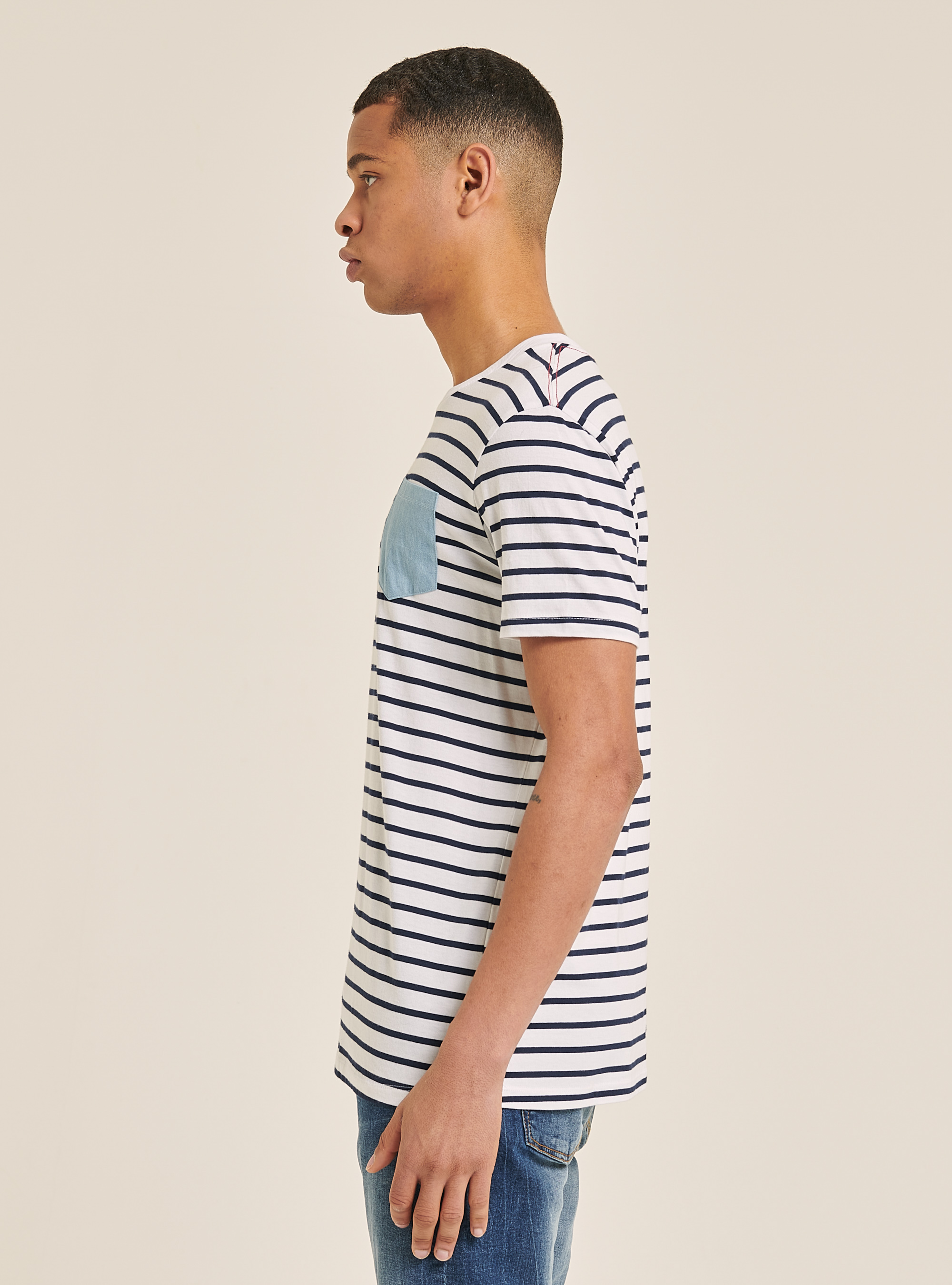 Striped T-shirt with denim pocket, MULTICOLOR