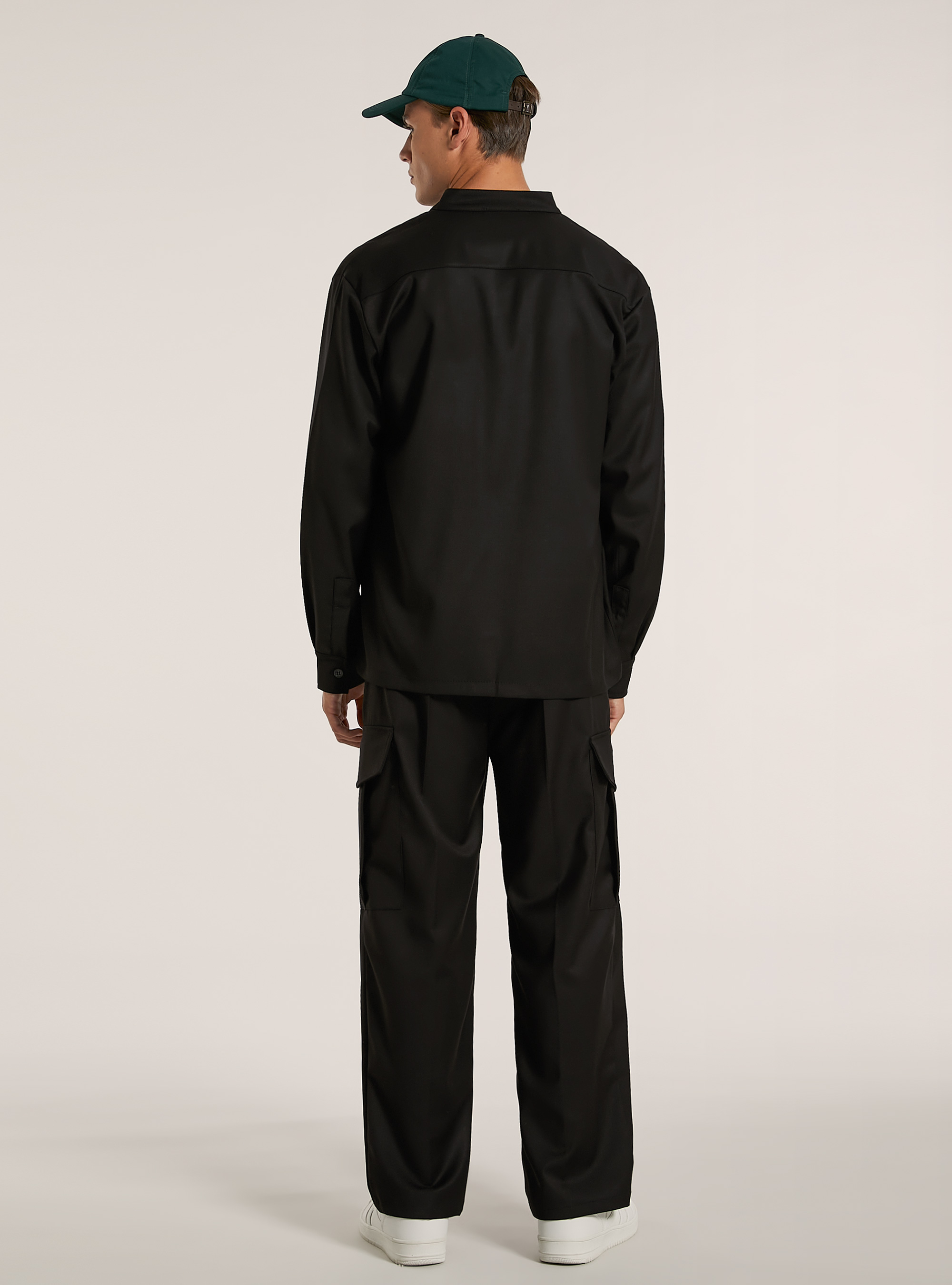 Camicia collo coreano con taschin in misto viscosa, BK1 BLACK