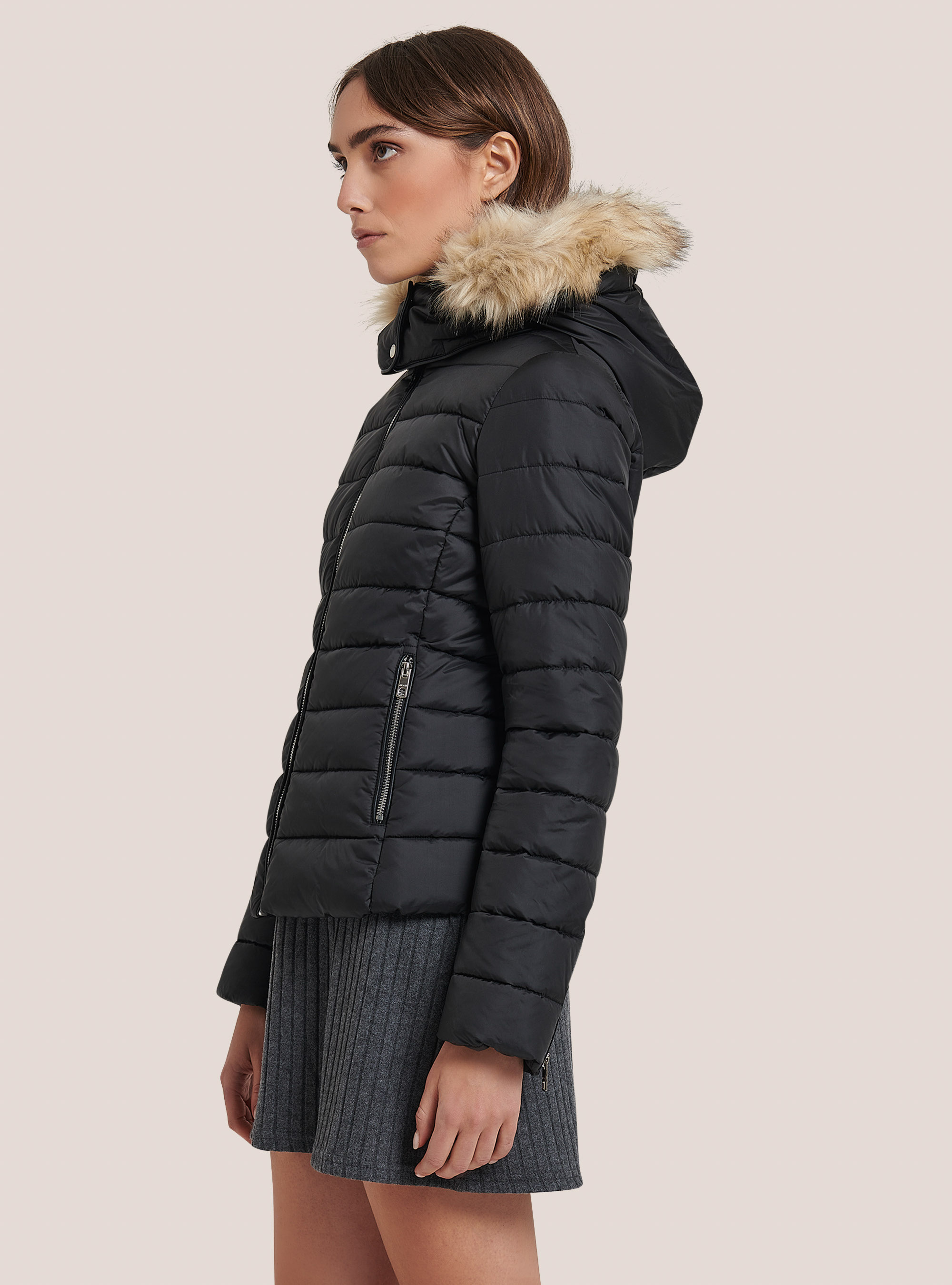 Padded jacket with hood and faux fur collar, BK1 BLACK