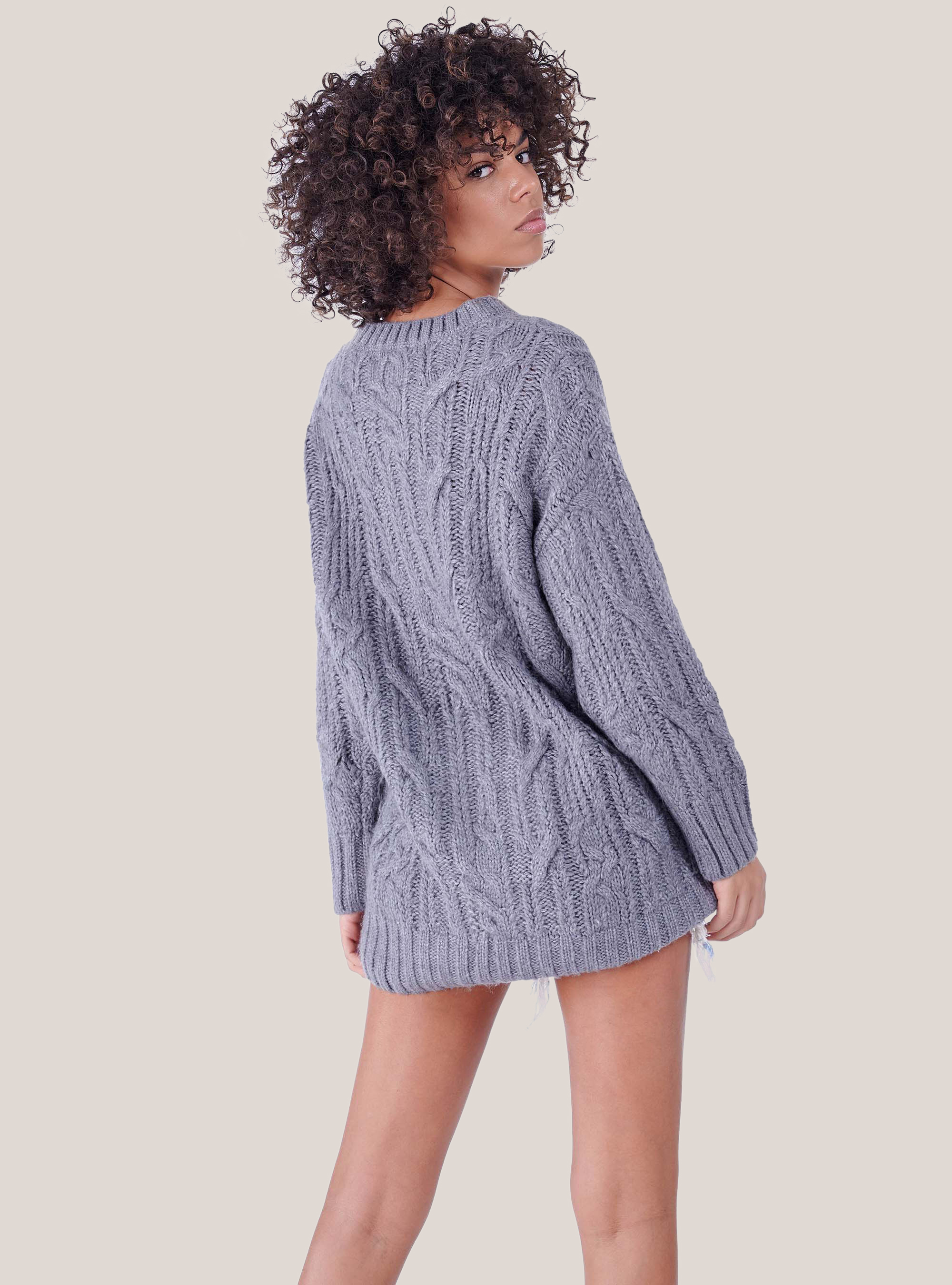 Pull à col rond en maille torsadée, C146 GREY MEL