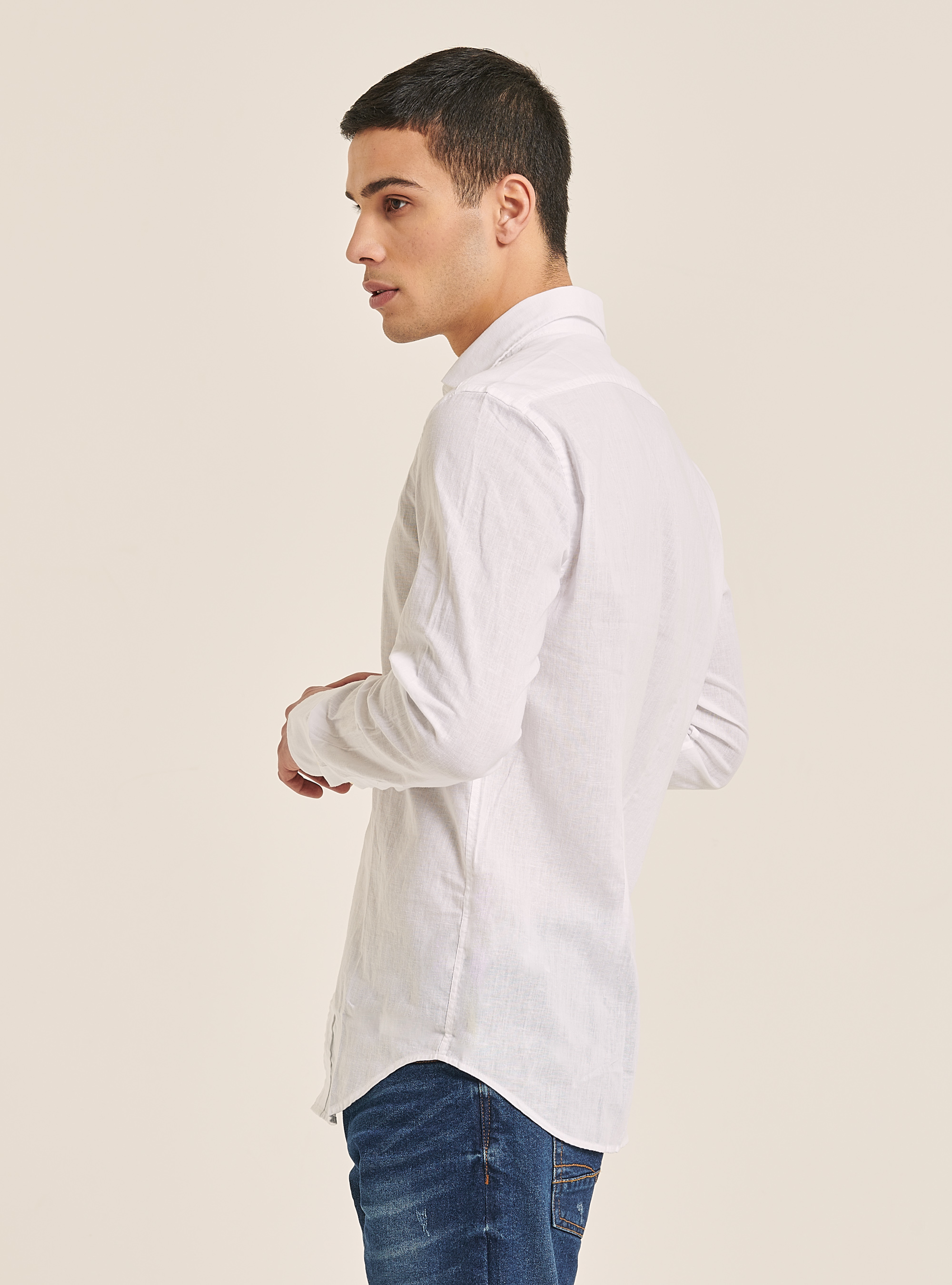 Camicia in puro lino a maniche lunghe, BIANCO