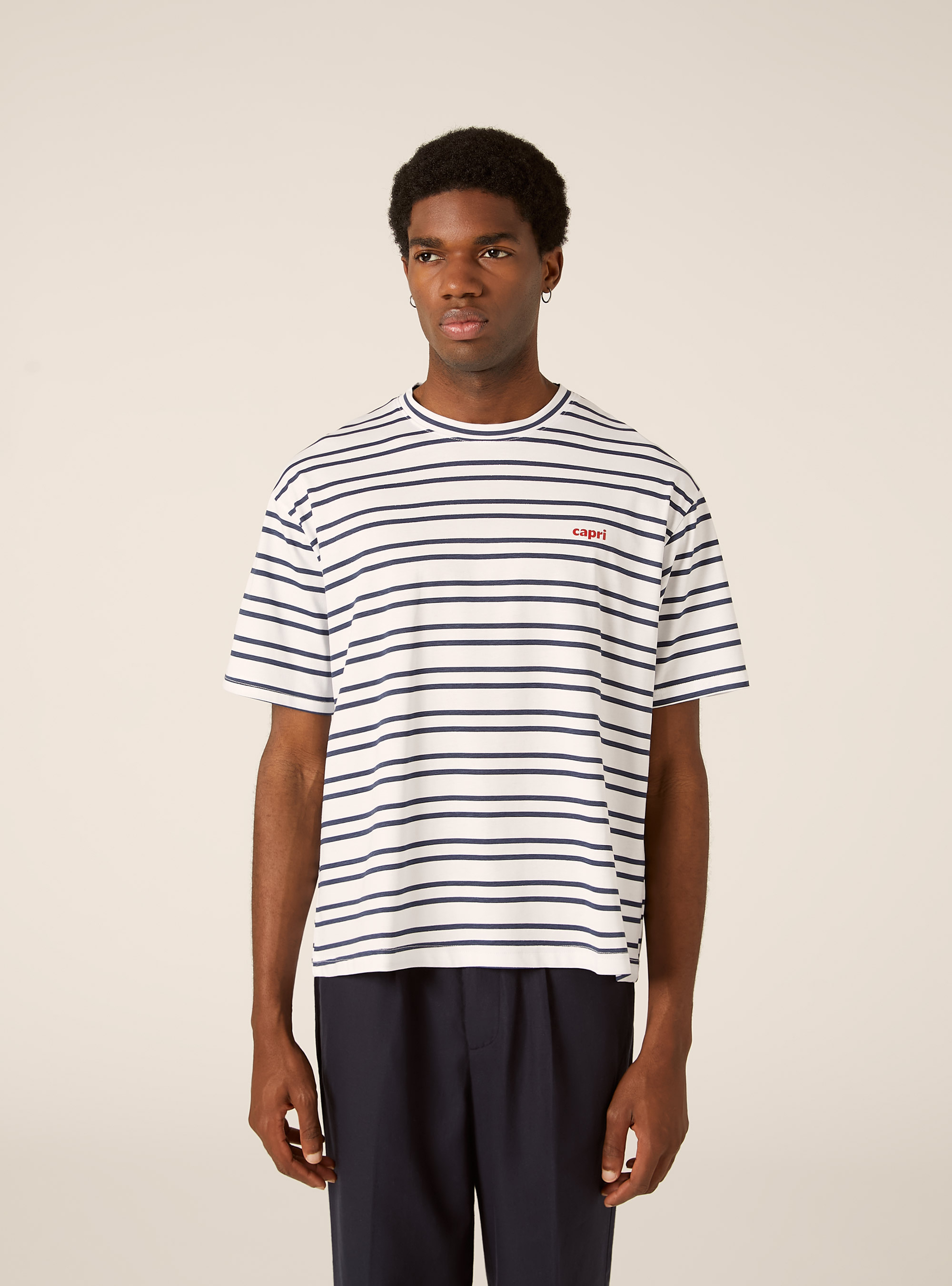 T-shirt boxy a righe con stampa capri, NA2 NAVY MEDIUM