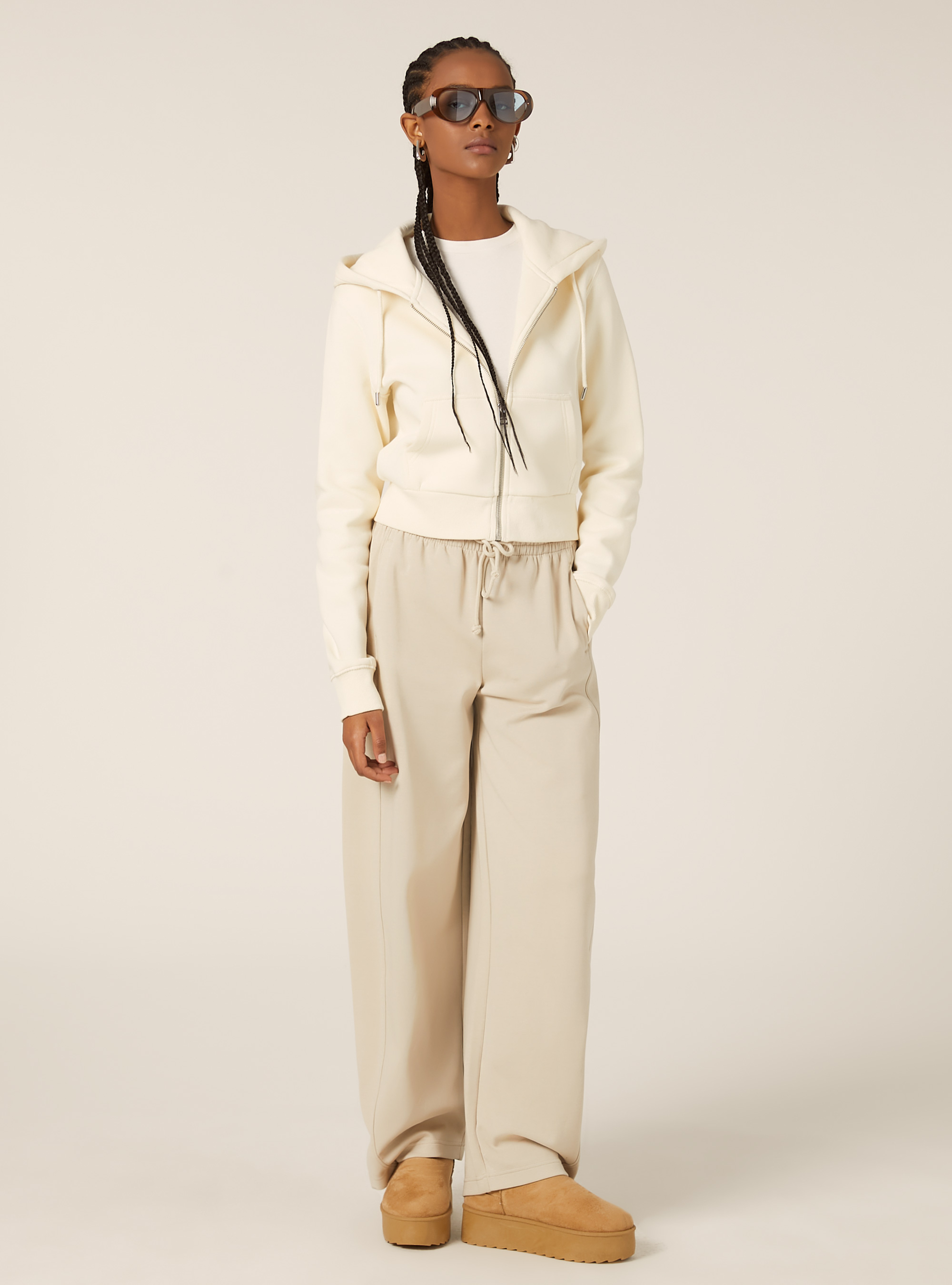 Sweat à capuche zippé court, CR3 CREAM LIGHT