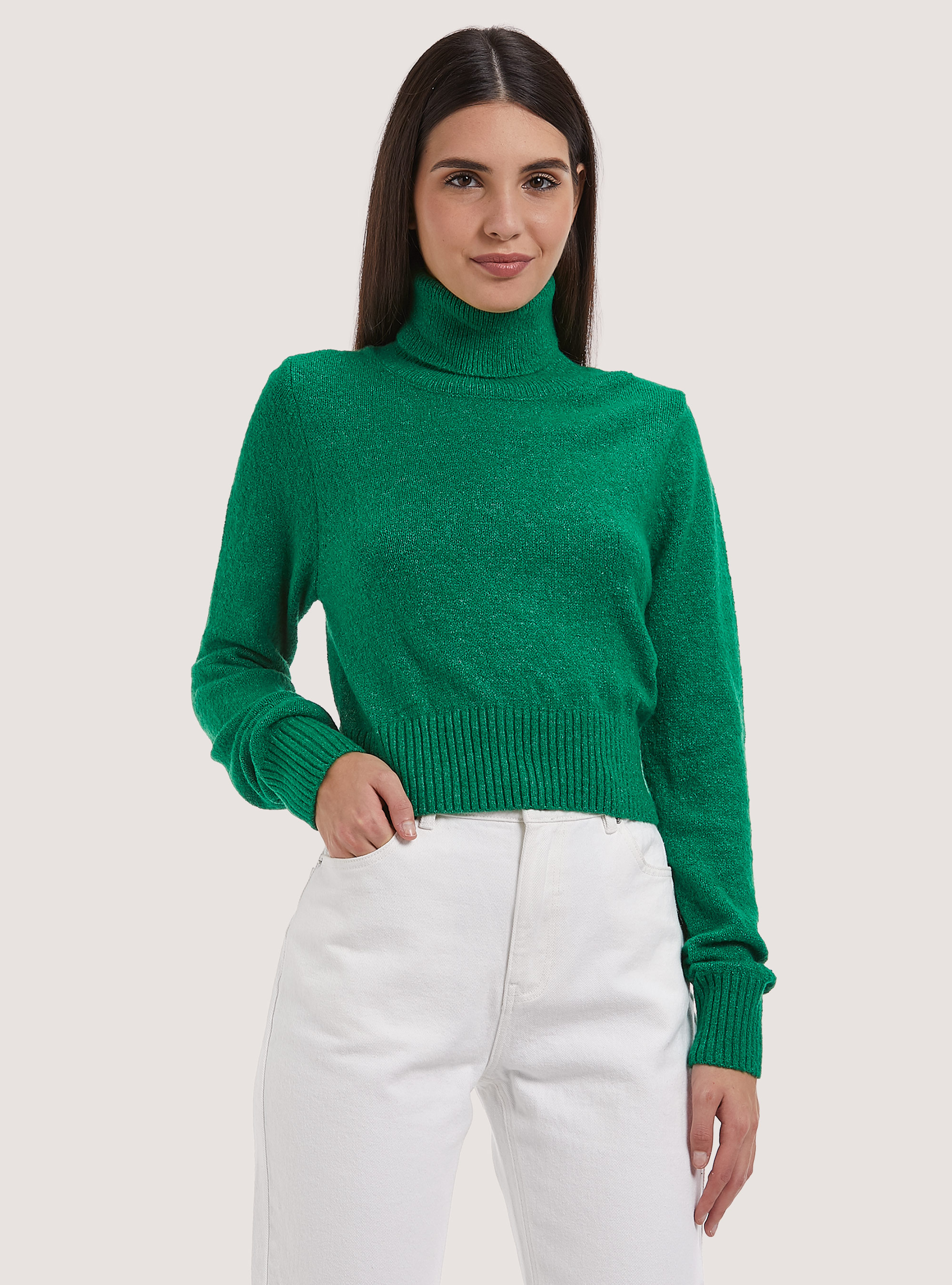 Pullover morbido cropped a collo alto, GN2 GREEN MEDIUM