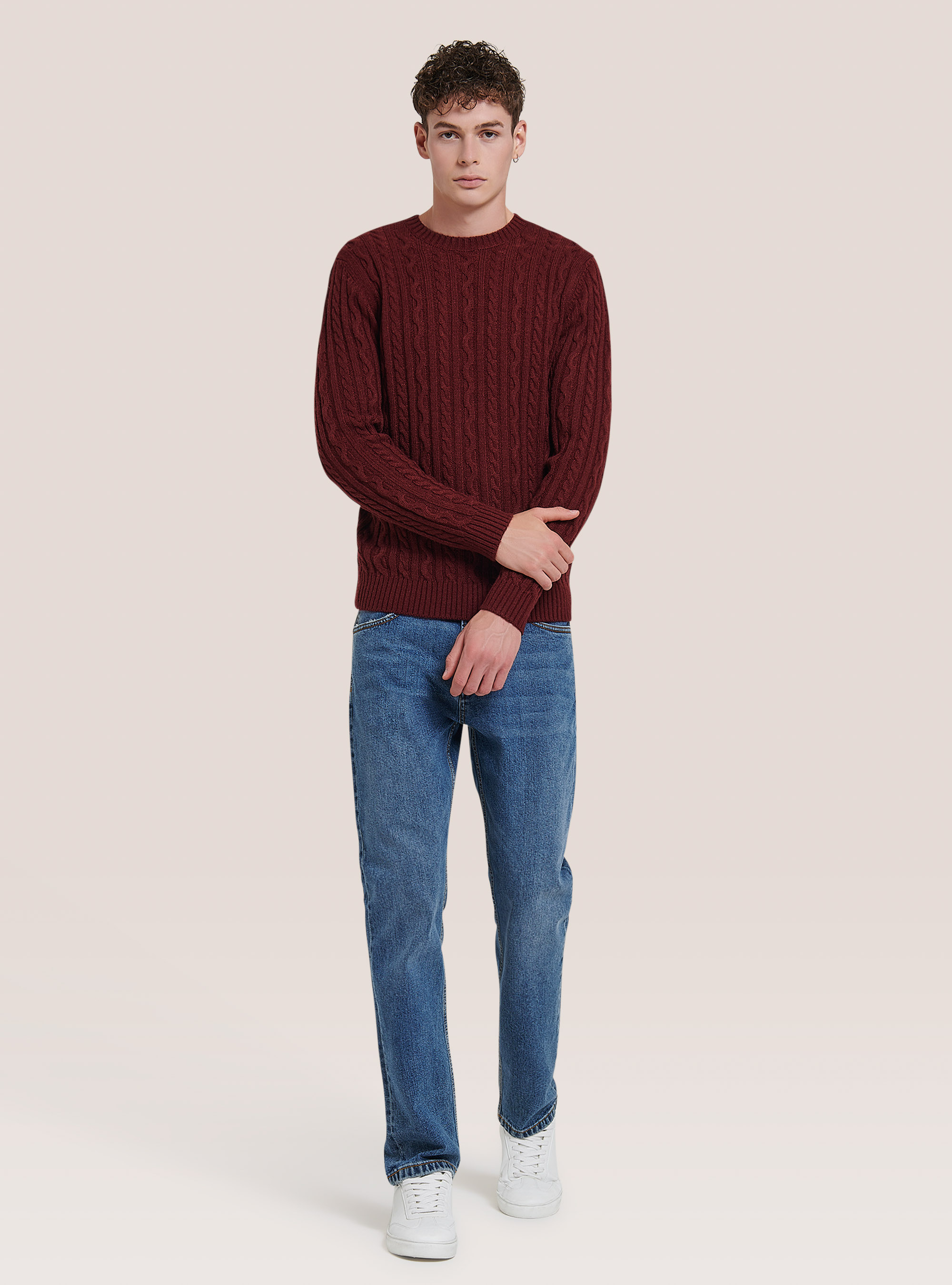 Crew-neck pullover with braids, C3307 WINE