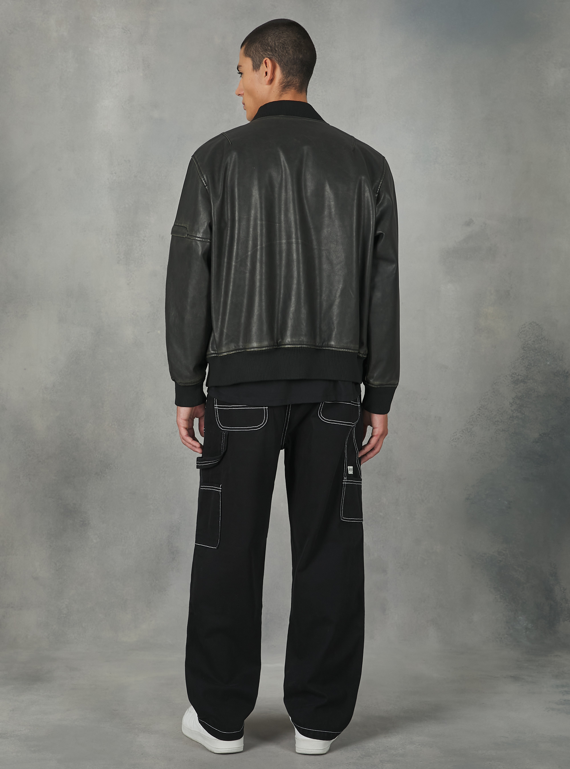 Getragene Bomberjacke mit Ledereffekt, BK3 BLACK CHARCOAL