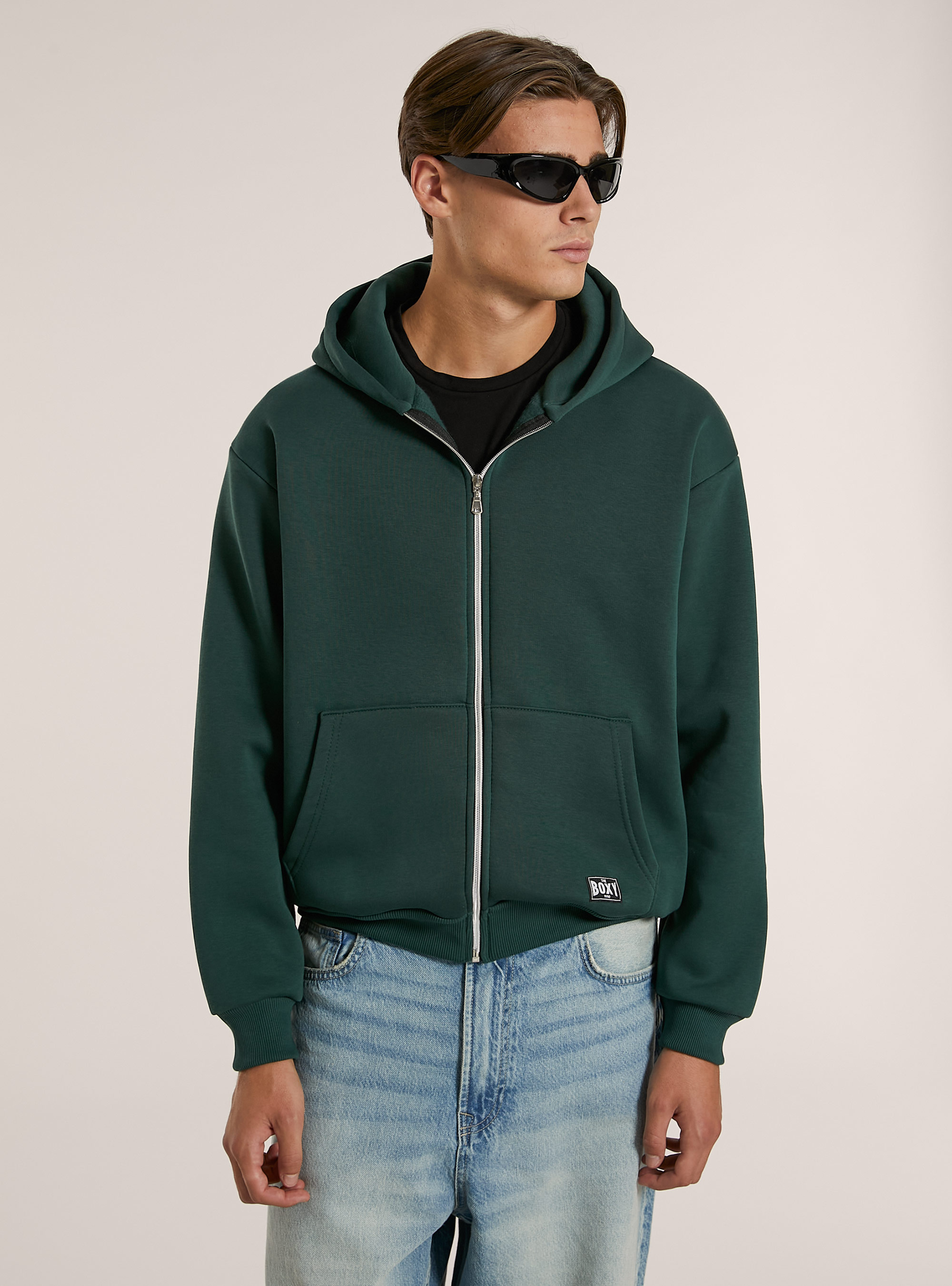 Sweatshirt with zip and boxy fit hood, GN1 GREEN DARK