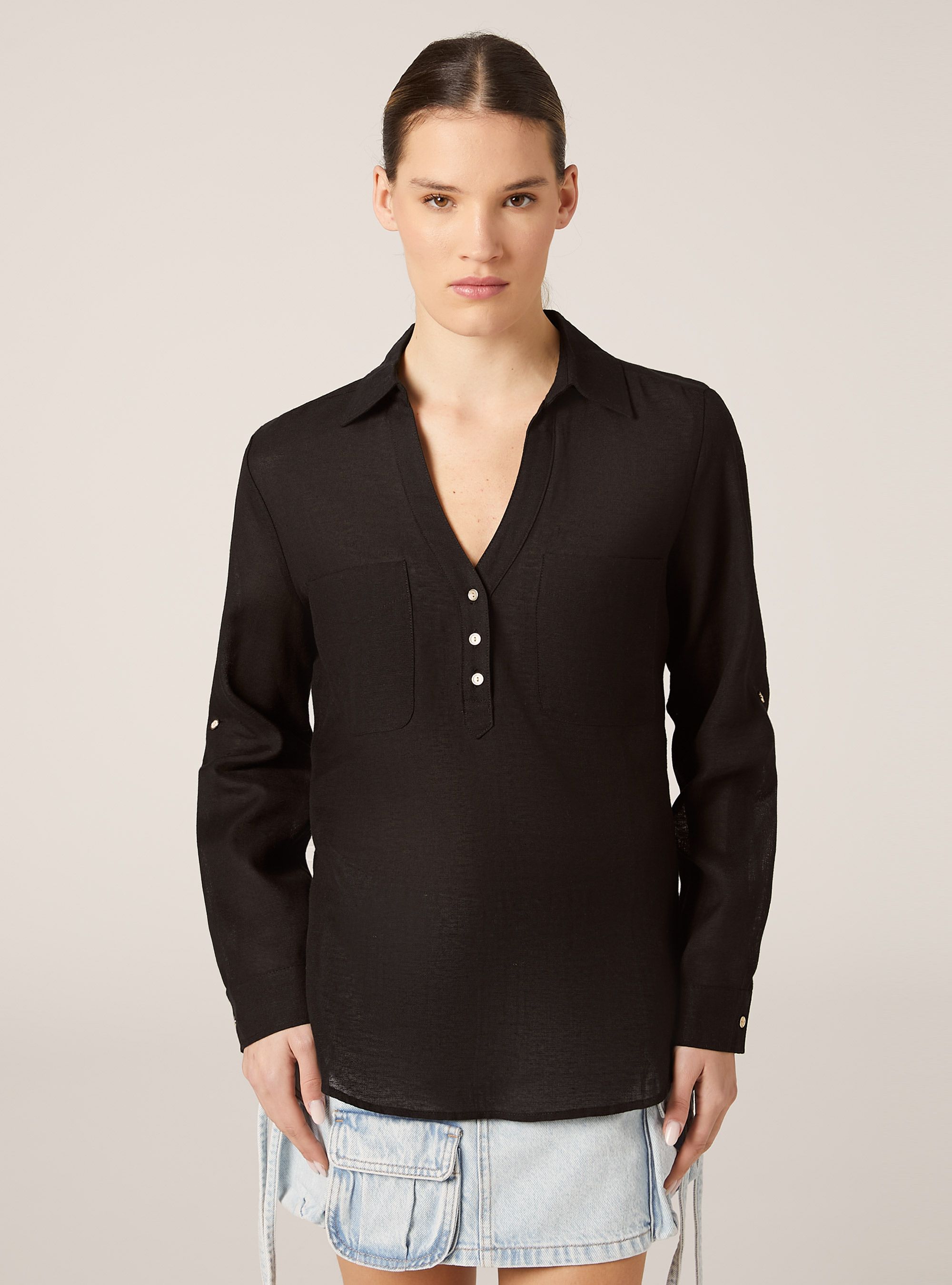 Linen blend blouse, BK1 BLACK