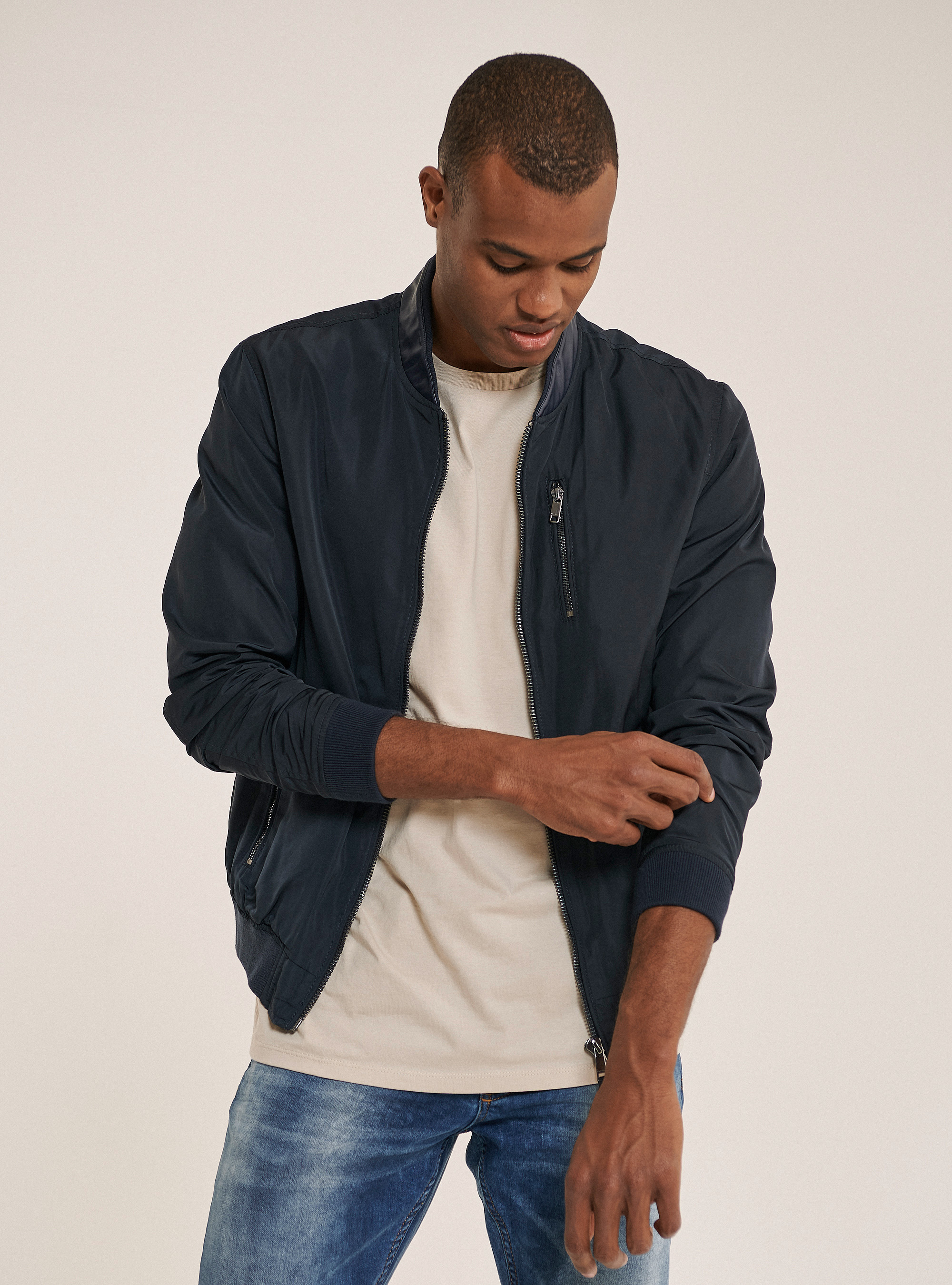 Veste couleur unie avec éclair, C2222 NAVY