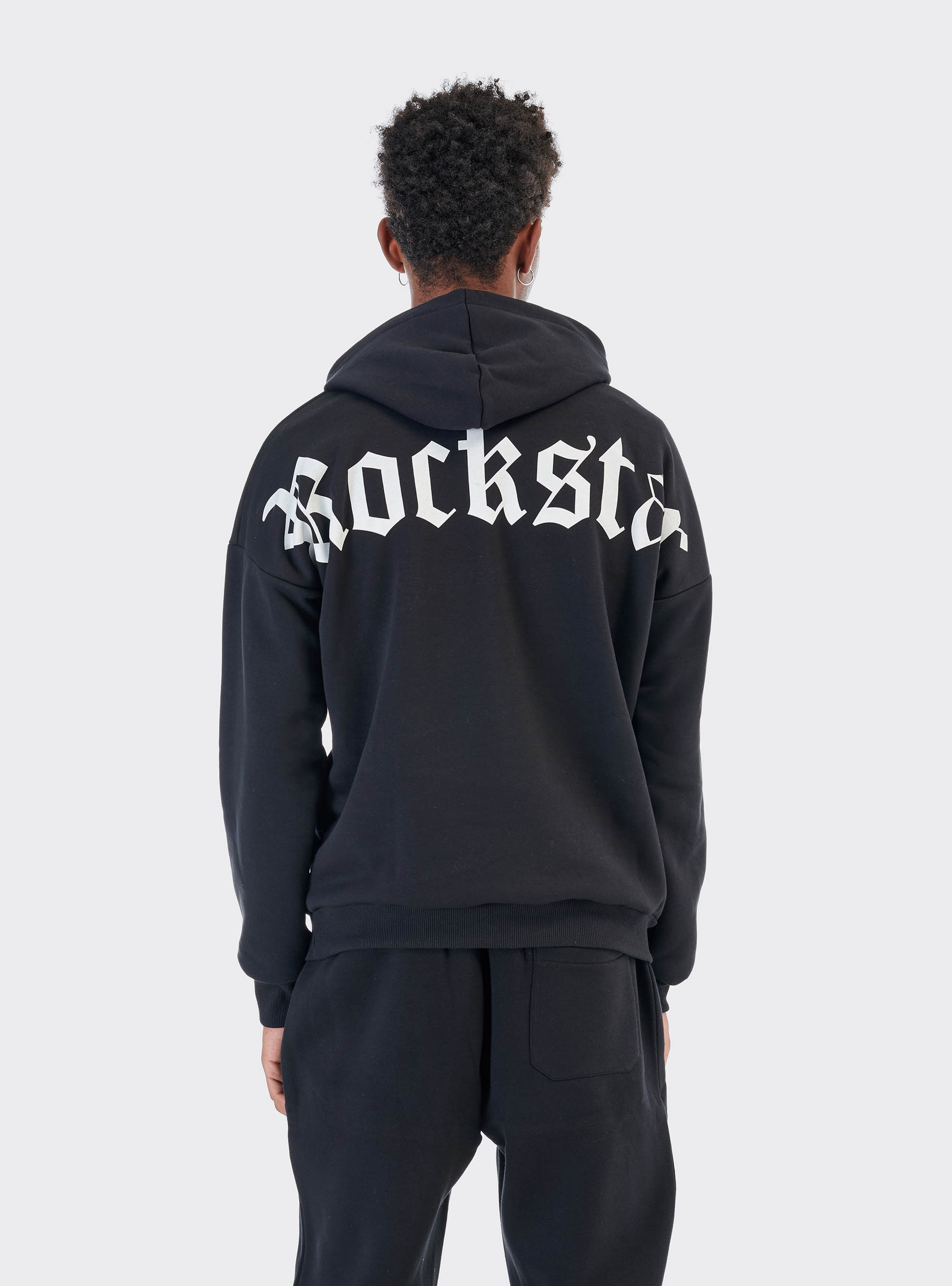 Felpa over con cappuccio e stampa Rockstar, NERO