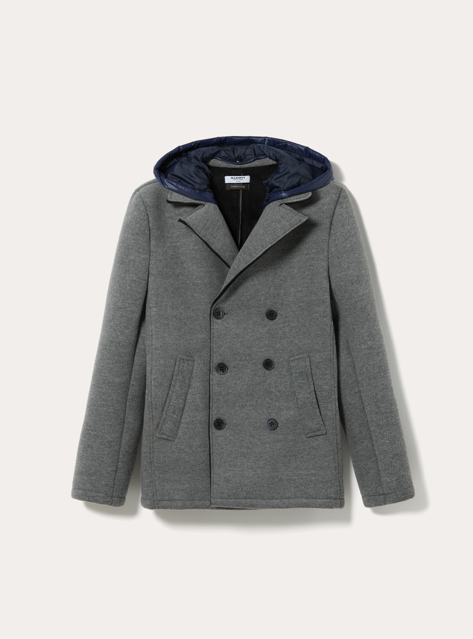 Cappotto doppiopetto con cappuccio trapuntato, MGY3 GREY MEL LIGHT