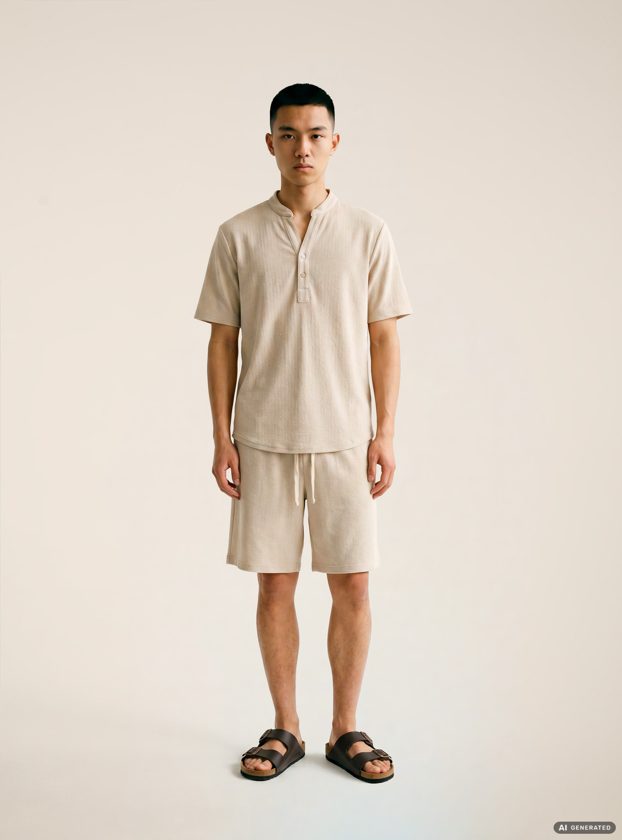 Camicia collo coreano mezza placchetta in jersey, BG3 BEIGE LIGHT