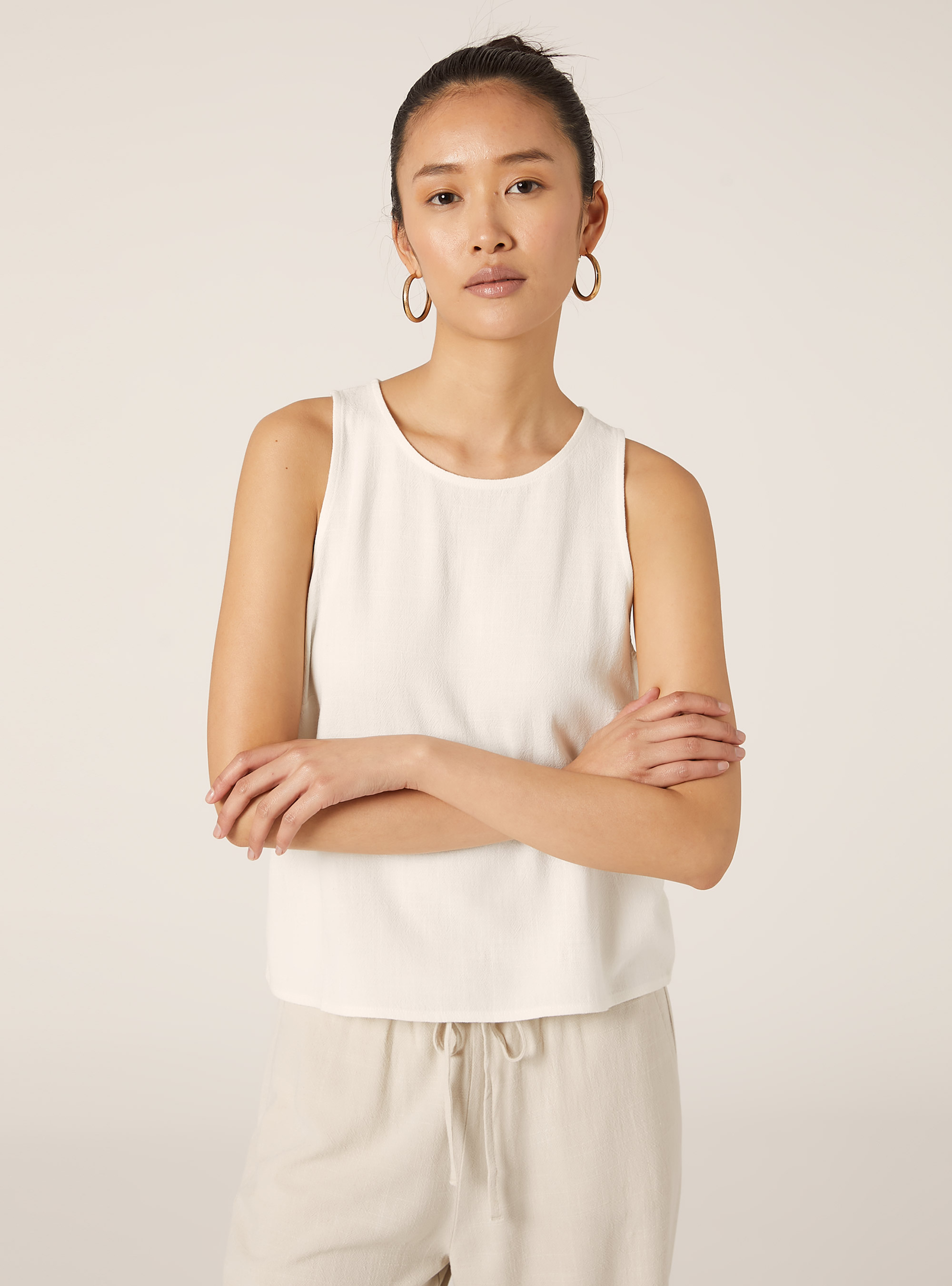 Camiseta de tirantes corta en mezcla de lino, WH2 WHITE