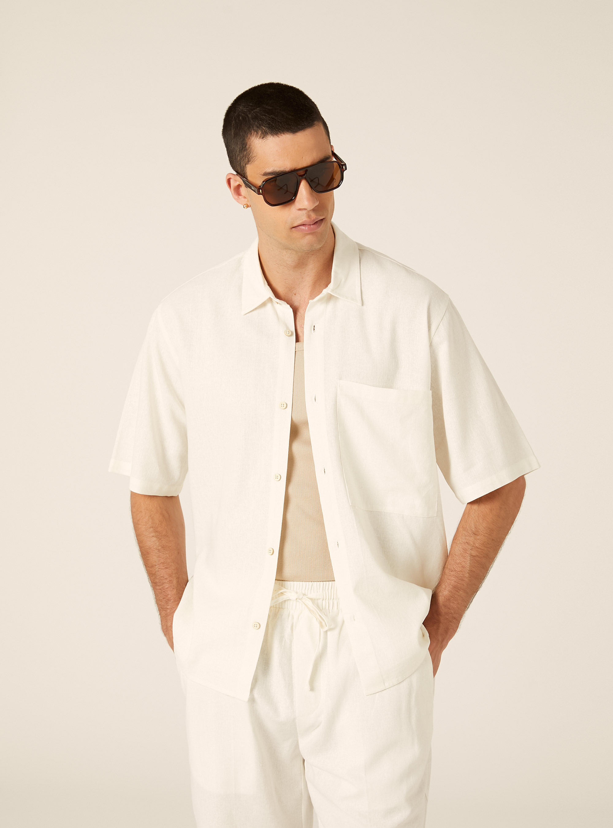 Camicia  in misto lino  con taschino, WH2 WHITE