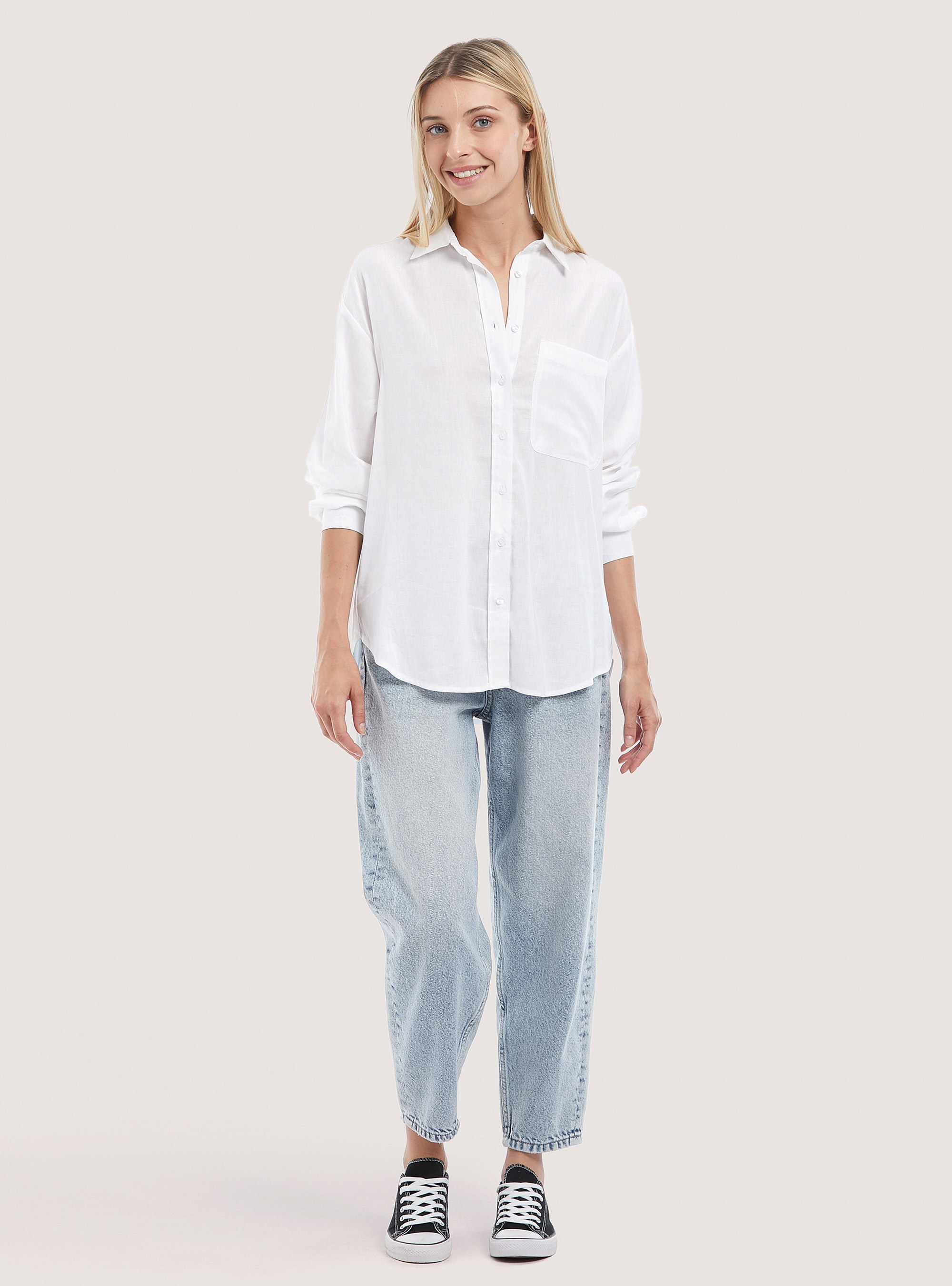 Camicia in misto lino comfort fit, BIANCO