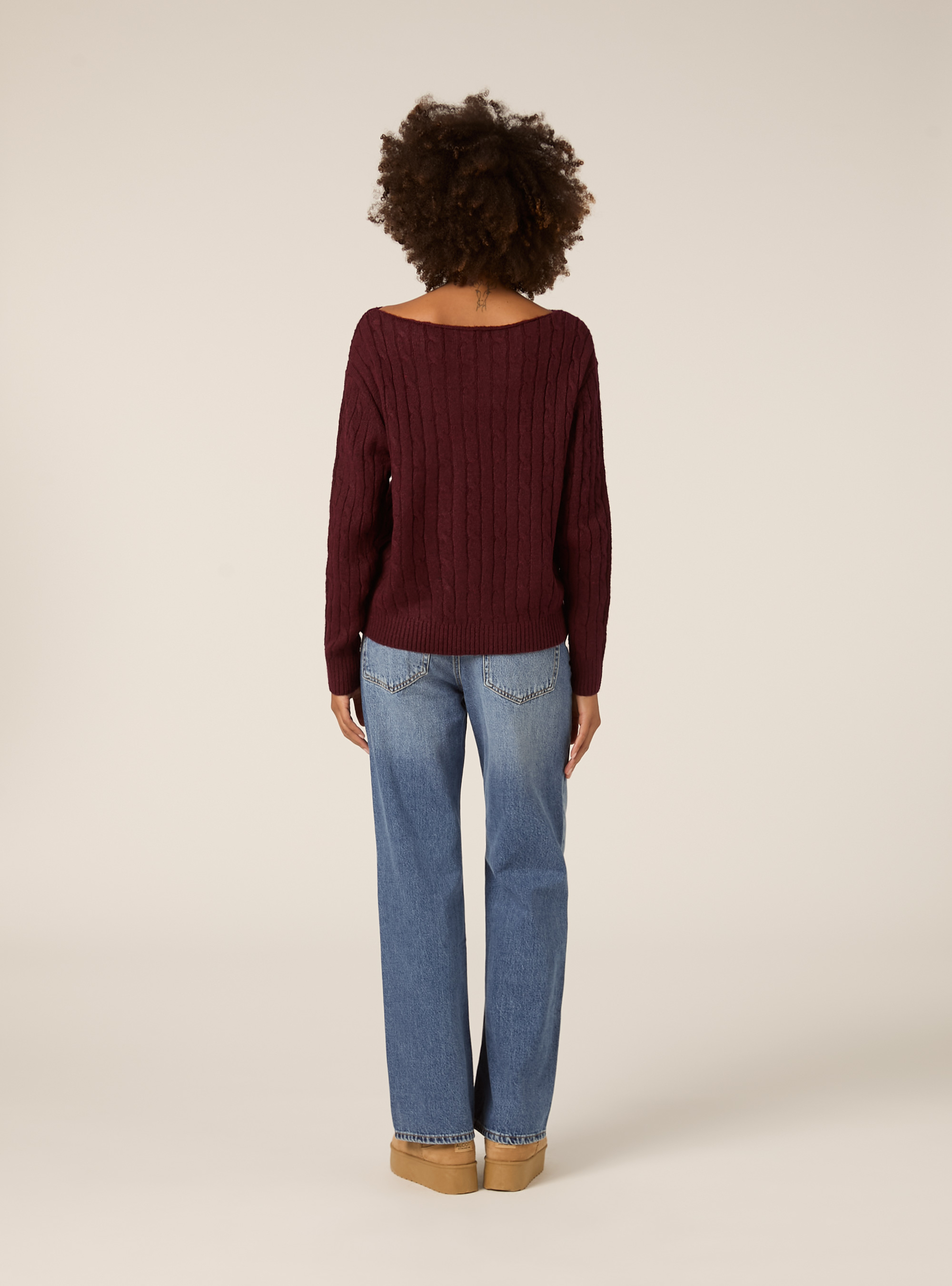 Maglia scollo barca a trecce, BO1 BORDEAUX DARK