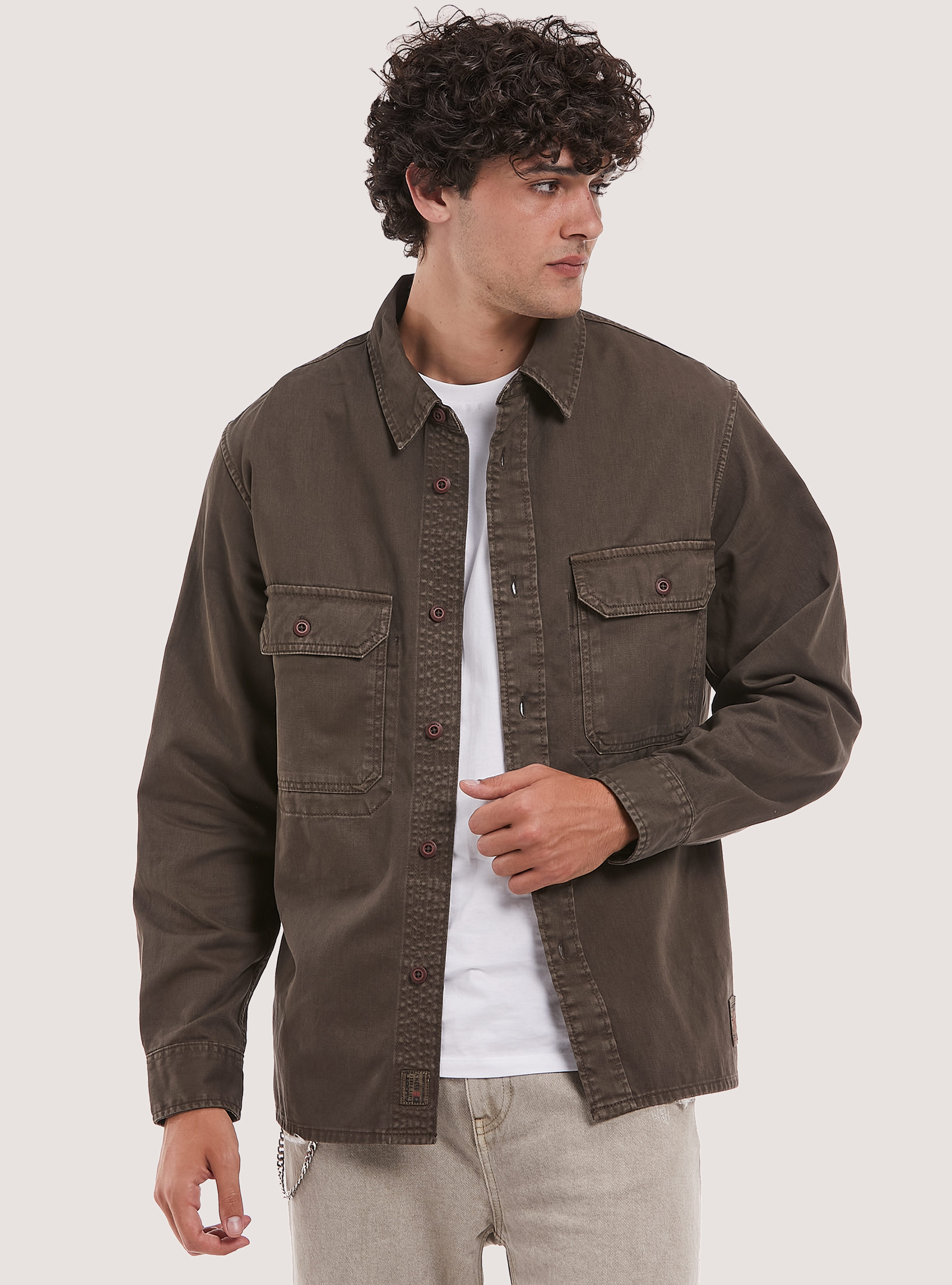 Camicia Army con tasconi in cotone, BR1 BROWN DARK