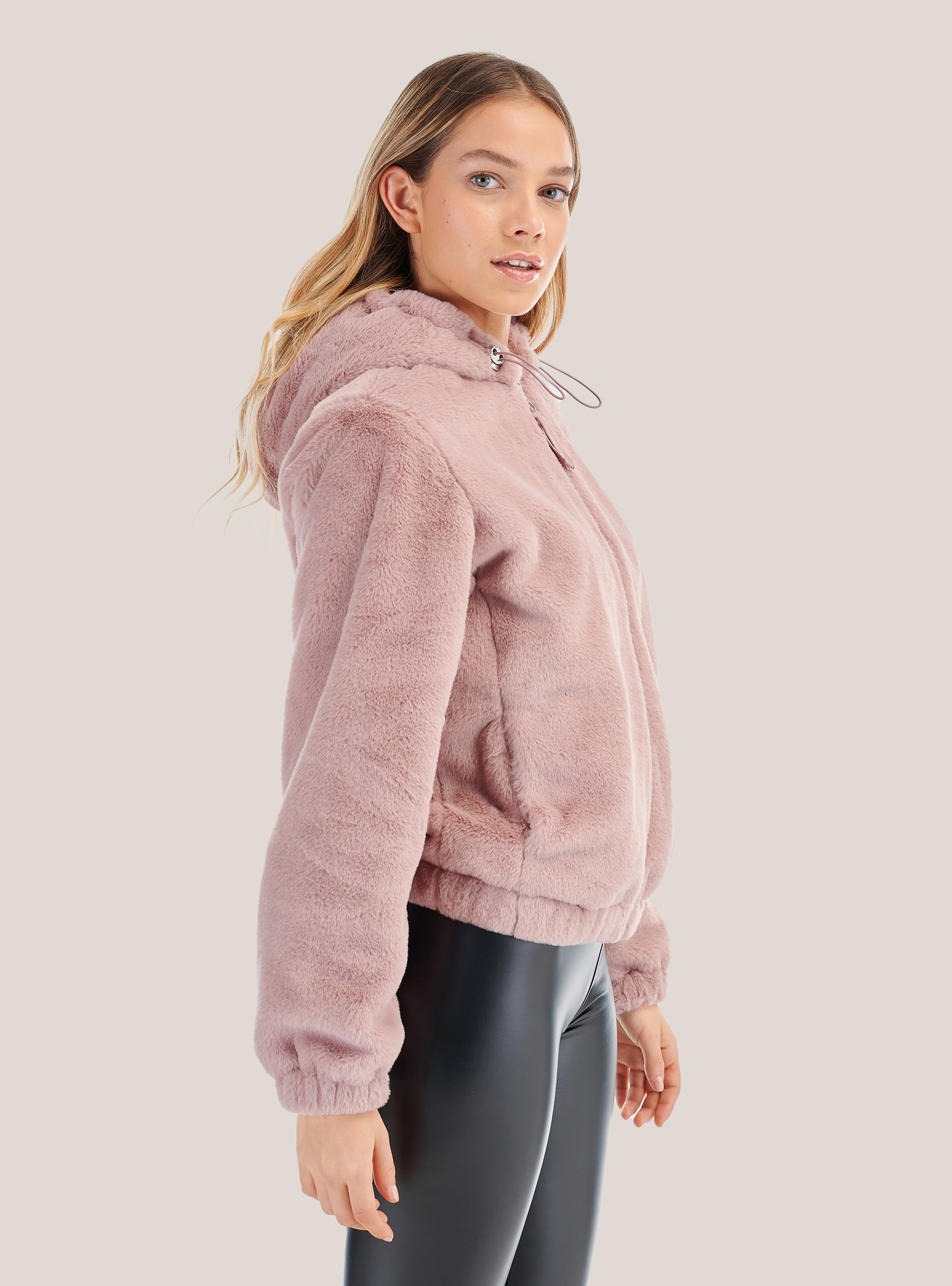 Faux fur jacket with hood, PINK