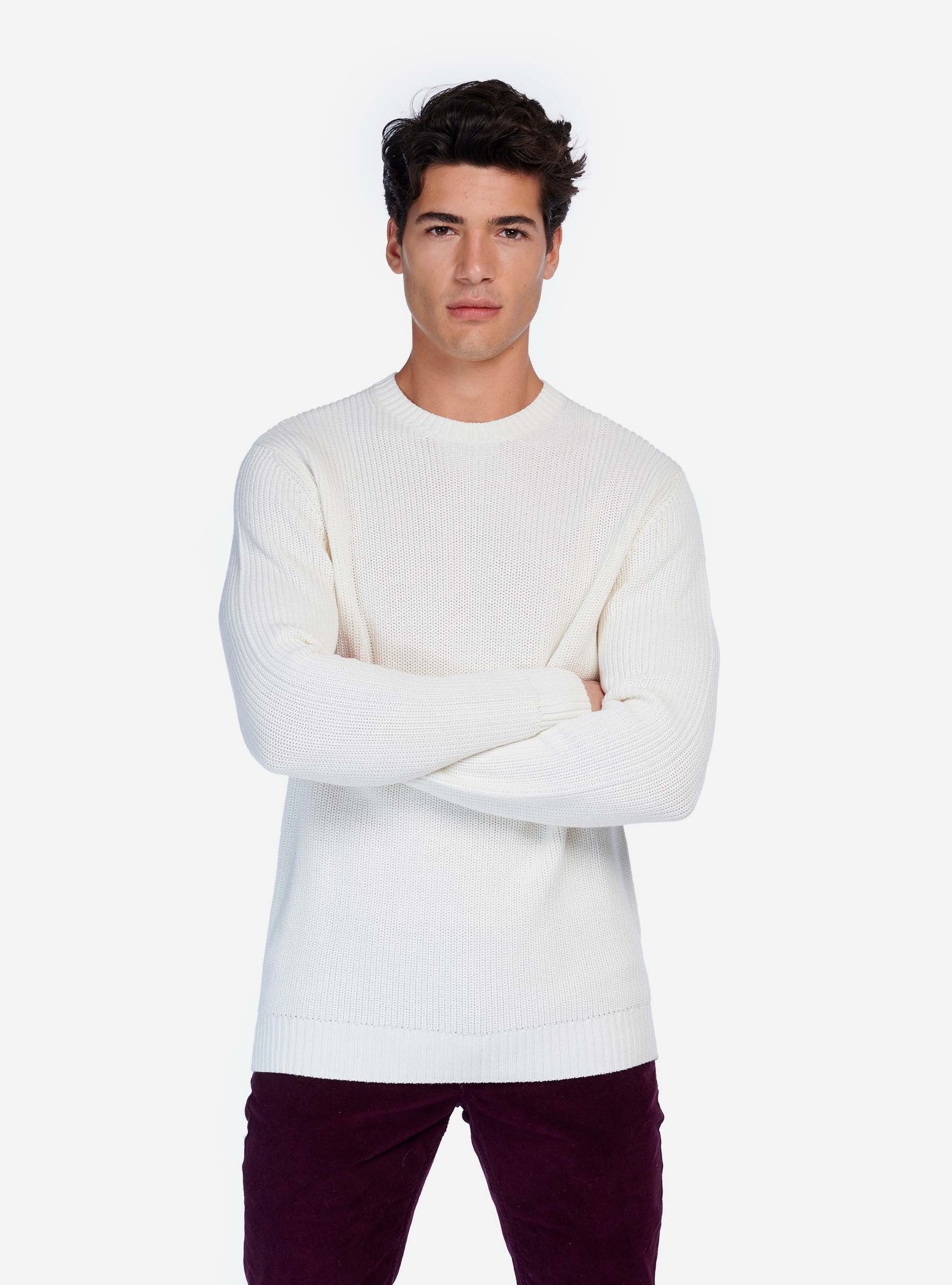 RIB KNIT ROUND NECK PULLOVER, OFF-WHITE