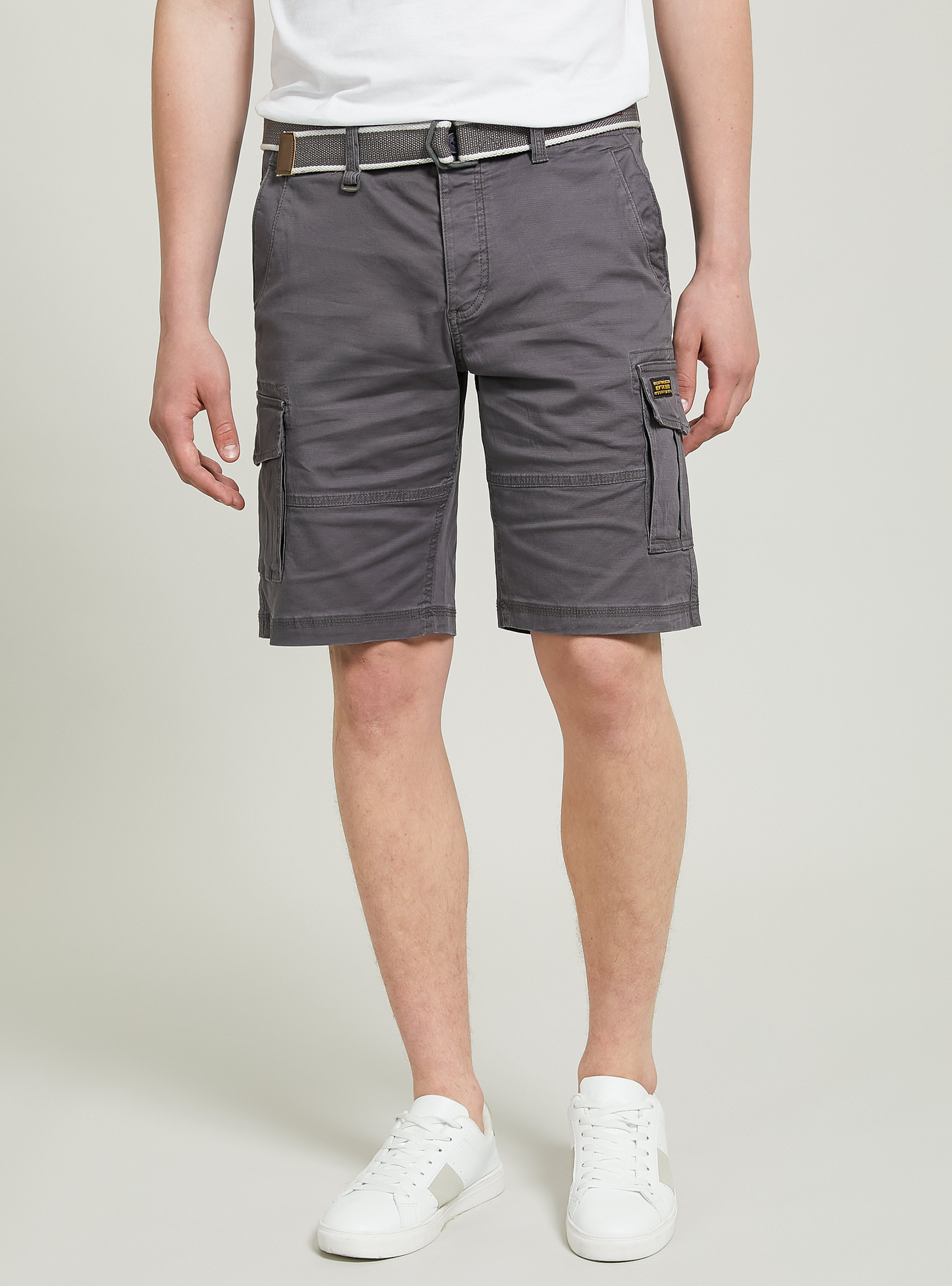 Cotton cargo bermuda with canvas belt, GY3 GREY LIGHT